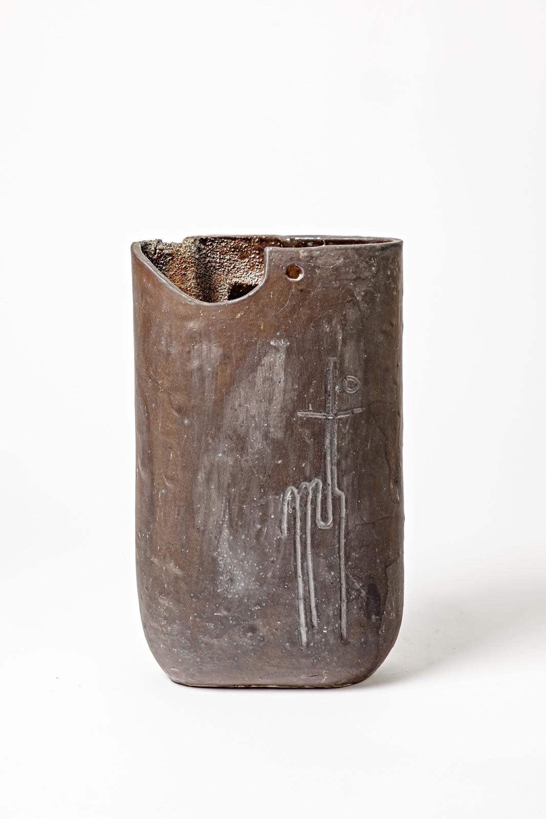 Eiförmige Vase aus Steingut mit abstraktem Dekor von Georges Martin, um 1970-1980 im Zustand „Hervorragend“ im Angebot in Saint-Ouen, FR