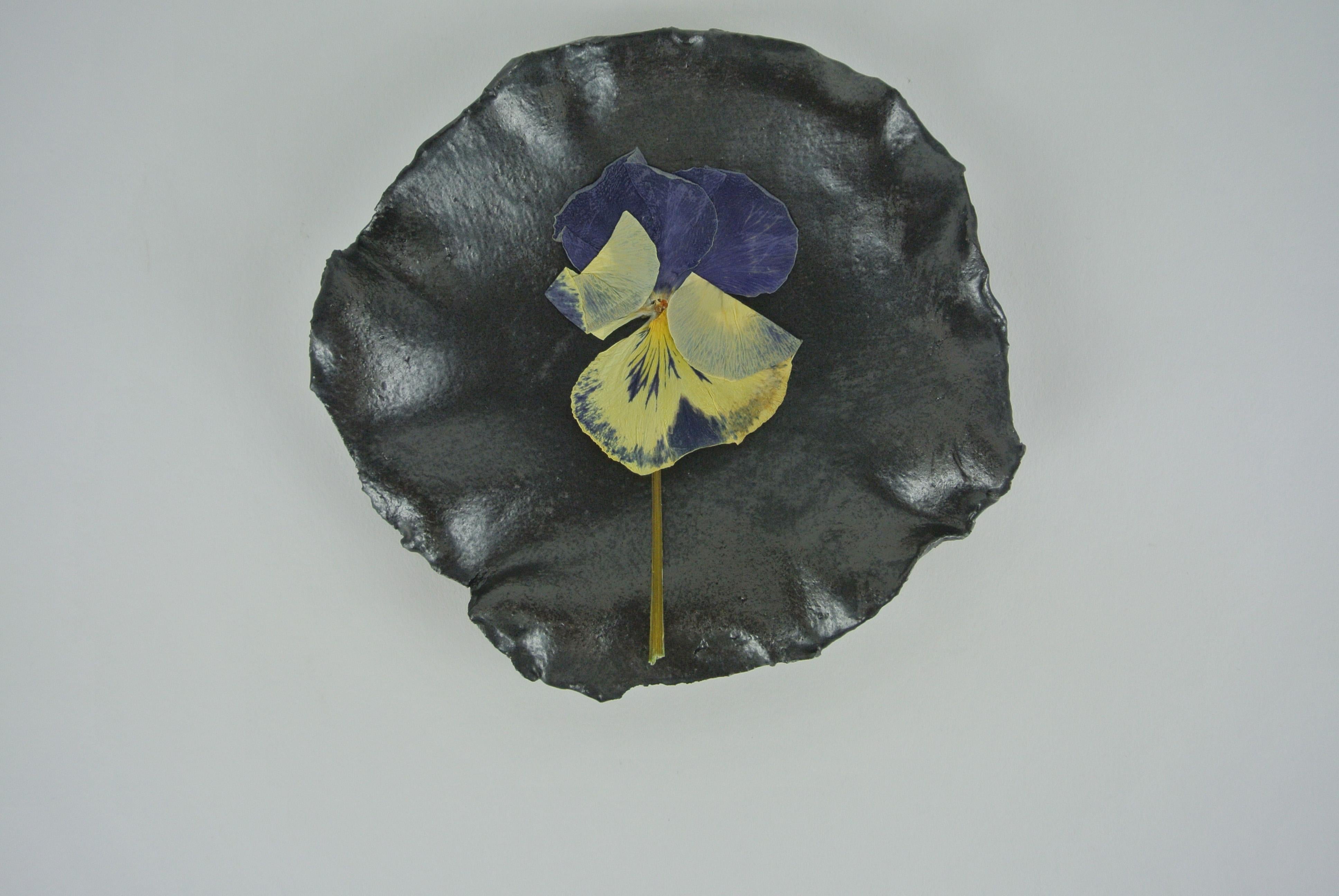 Organic Modern Stoneware Petal Bowl with Black Glaze and Pressed Flowers by Mary Lennox Flower For Sale