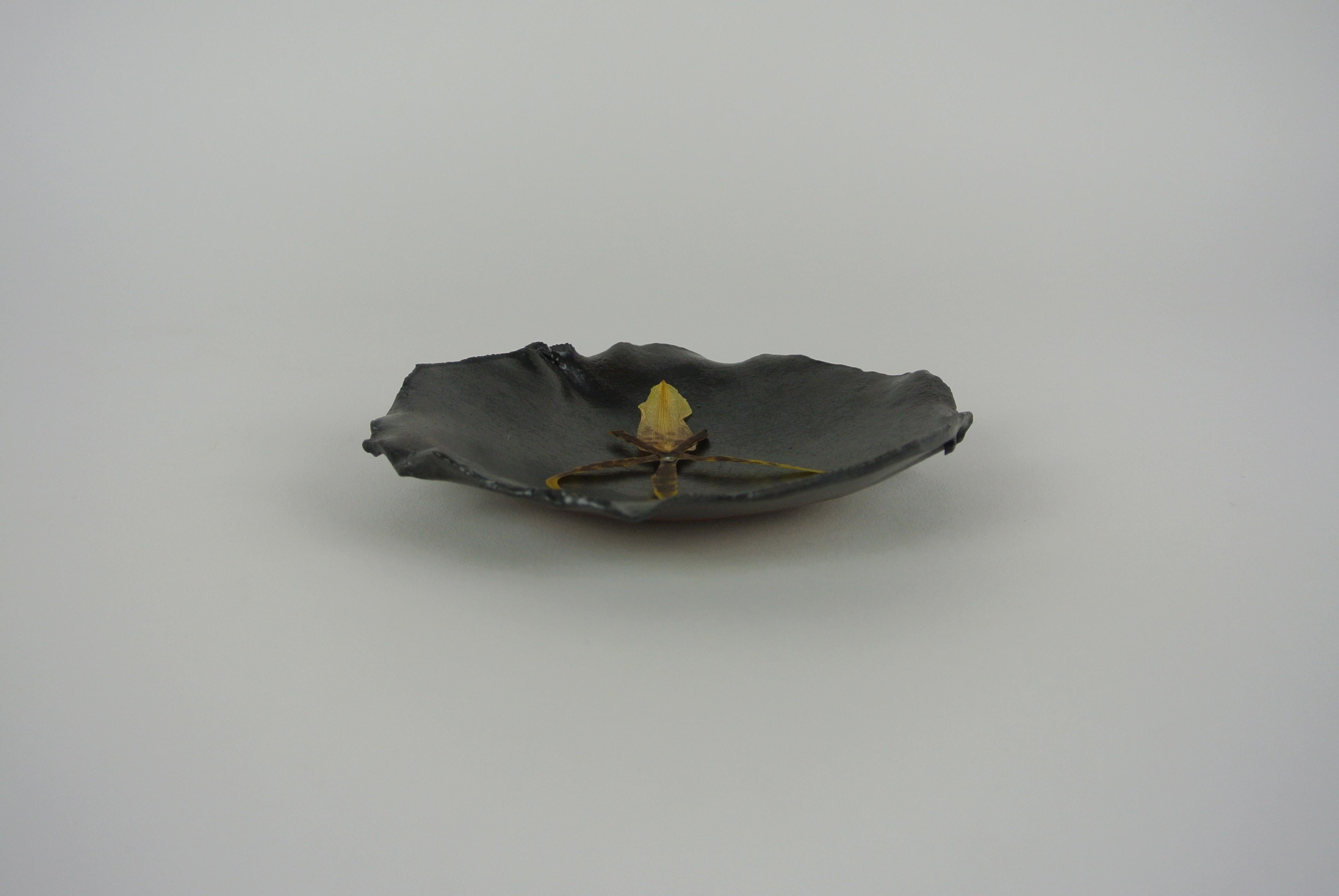 German Stoneware Petal Bowl with Black Glaze and Pressed Flowers by Mary Lennox Flower For Sale