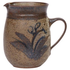 Stoneware Pitcher with Hand Painted Plant Motif