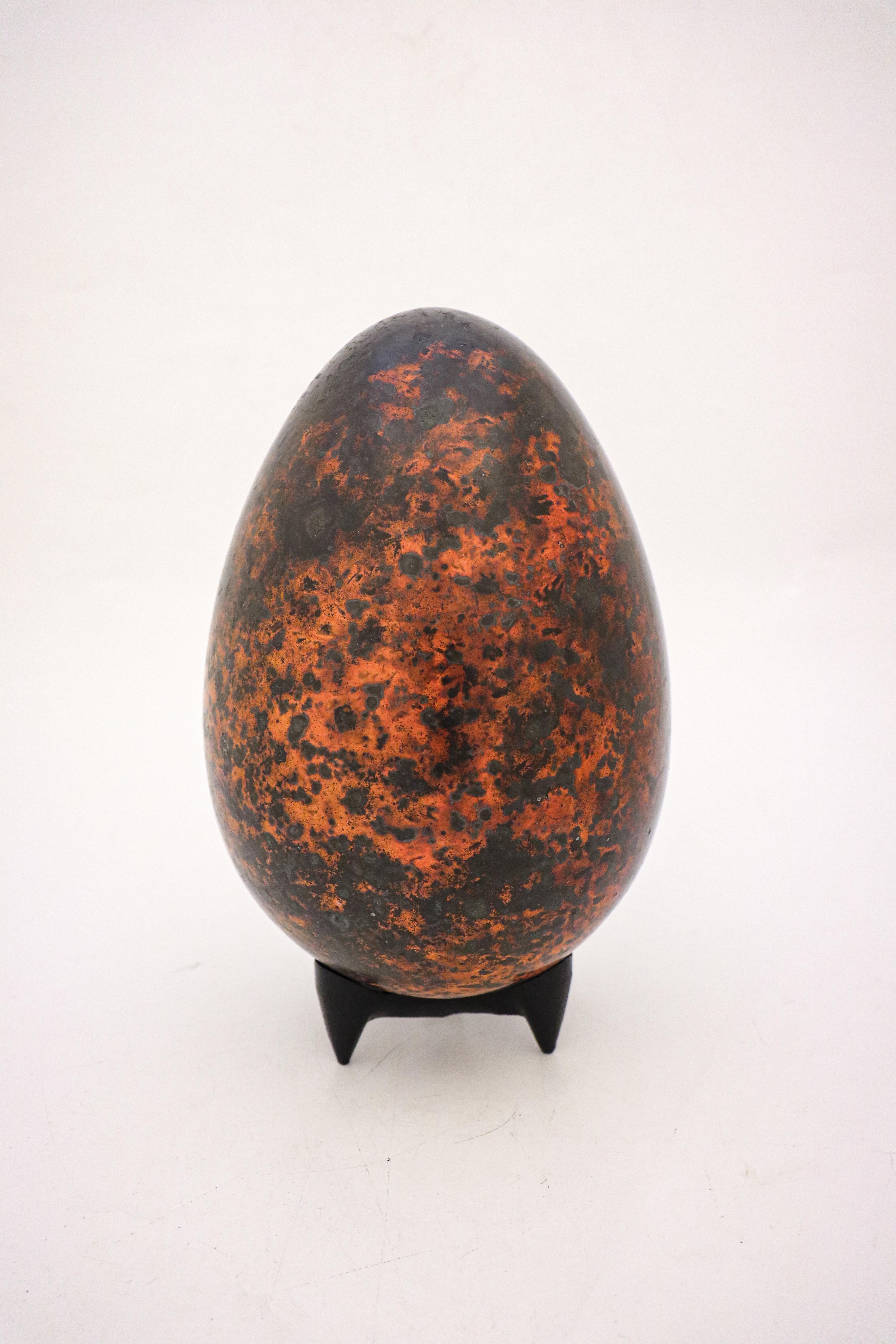 French Stoneware Sculpture Egg Orange & Black-Tone Glaze by Hans Hedberg, Biot, France