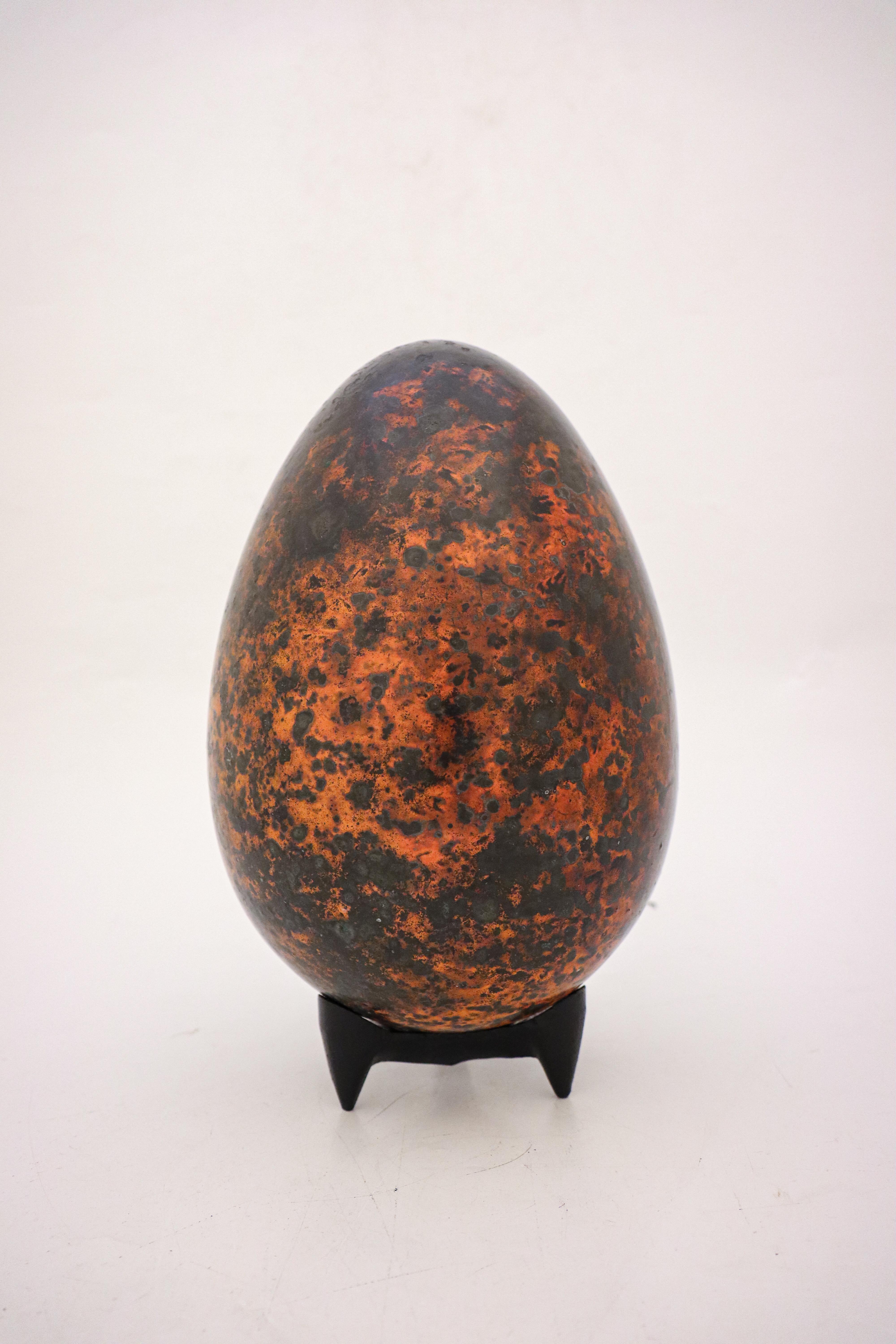 Glazed Stoneware Sculpture Egg Orange & Black-Tone Glaze by Hans Hedberg, Biot, France