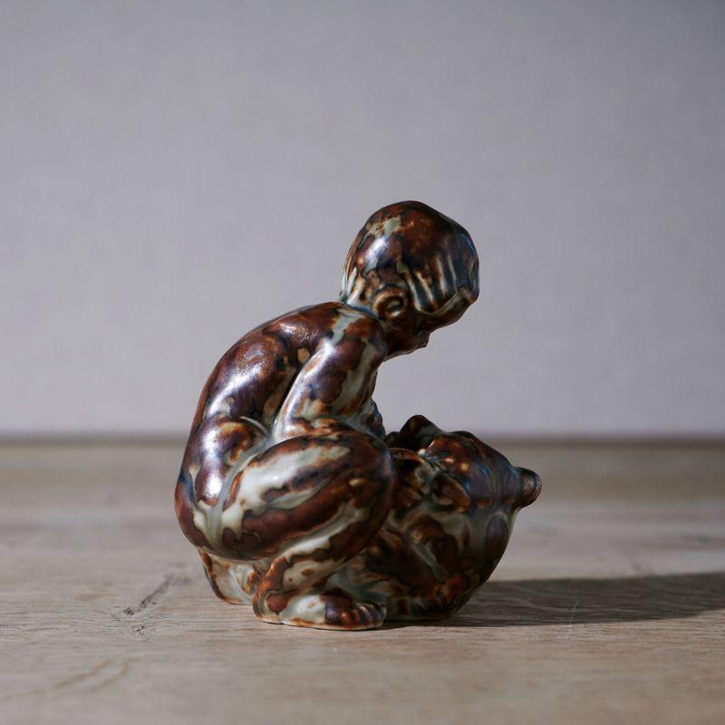 Stoneware Sculpture of Boy with Bear in Ceramic by Knud Kyhn In Excellent Condition For Sale In Berlin, BE