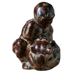 Stoneware Sculpture of Boy with Bear in Ceramic by Knud Kyhn