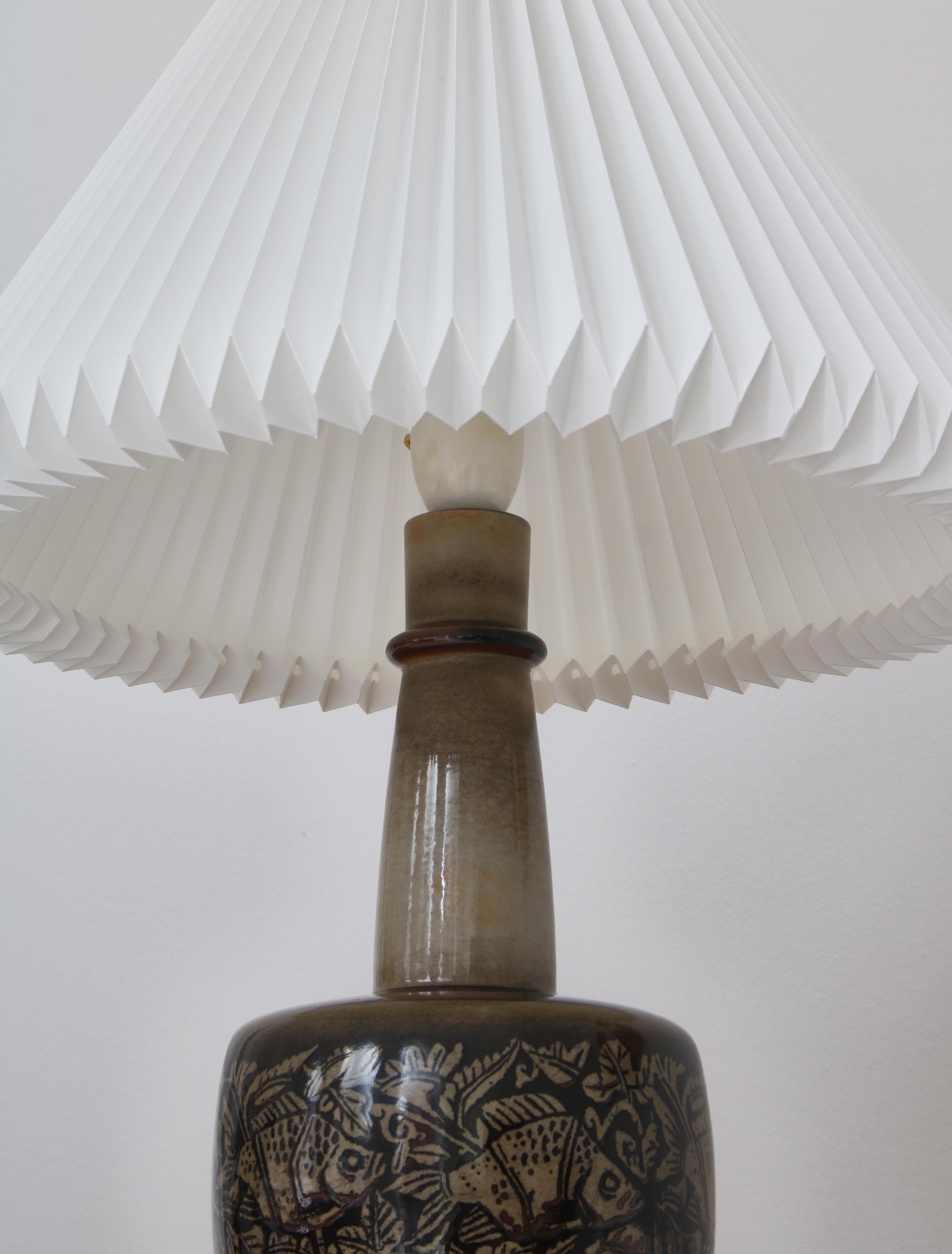 Stoneware Table Lamps by Nils Thorsson for Royal Copenhagen with Le Klint Shades In Excellent Condition In Odense, DK