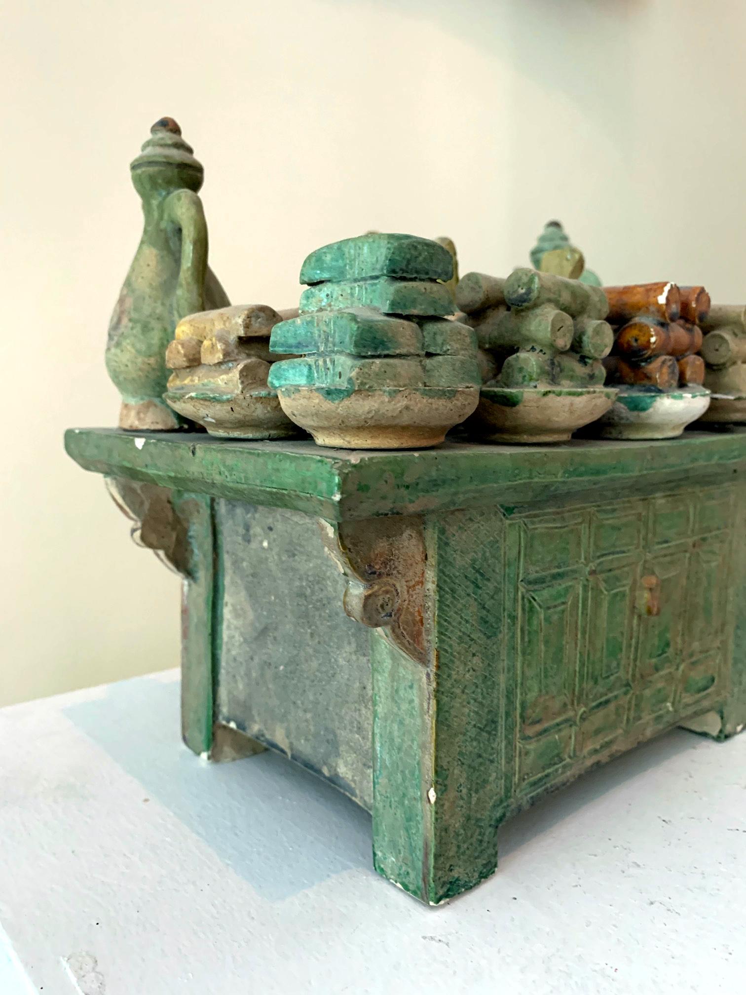A stoneware model of an altar used as funeral object in the tomb, circa Ming dynasty, China (14th-17th century). This altar model was well made with great details, likely for a wealthy patron. Such objects placed in the tomb were always modeled