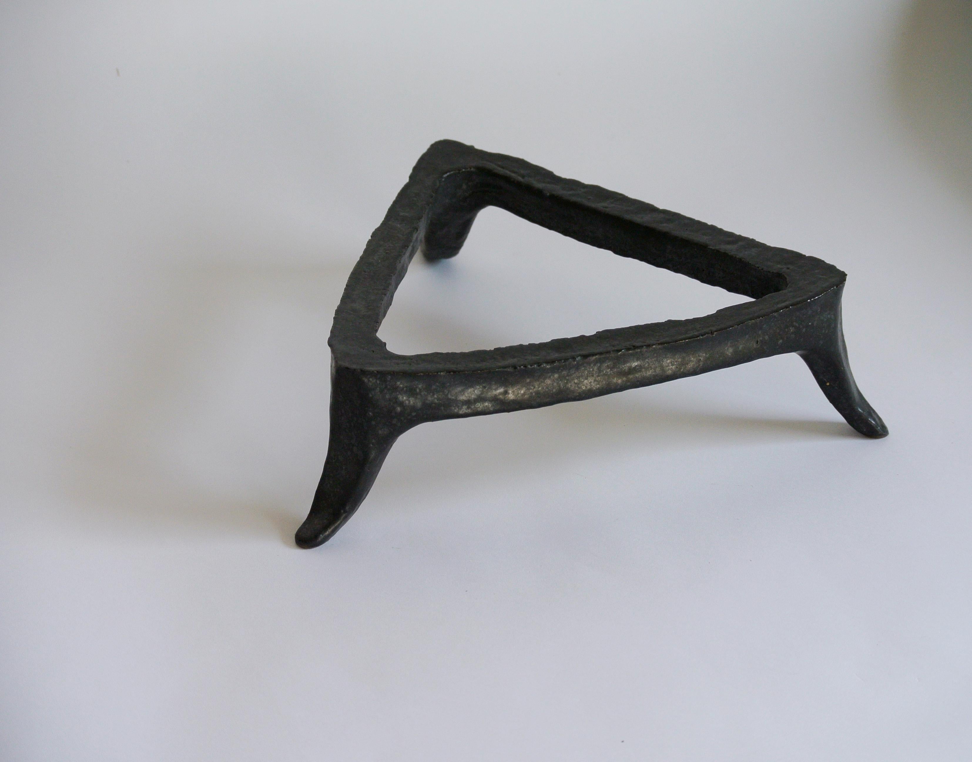 Organic Modern Stoneware Trivet with Black Metallic Glaze by Danish Artist Christine Roland For Sale