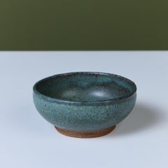 Turquoise Glazed Stoneware Bowl, Footed Design, Signed 1960