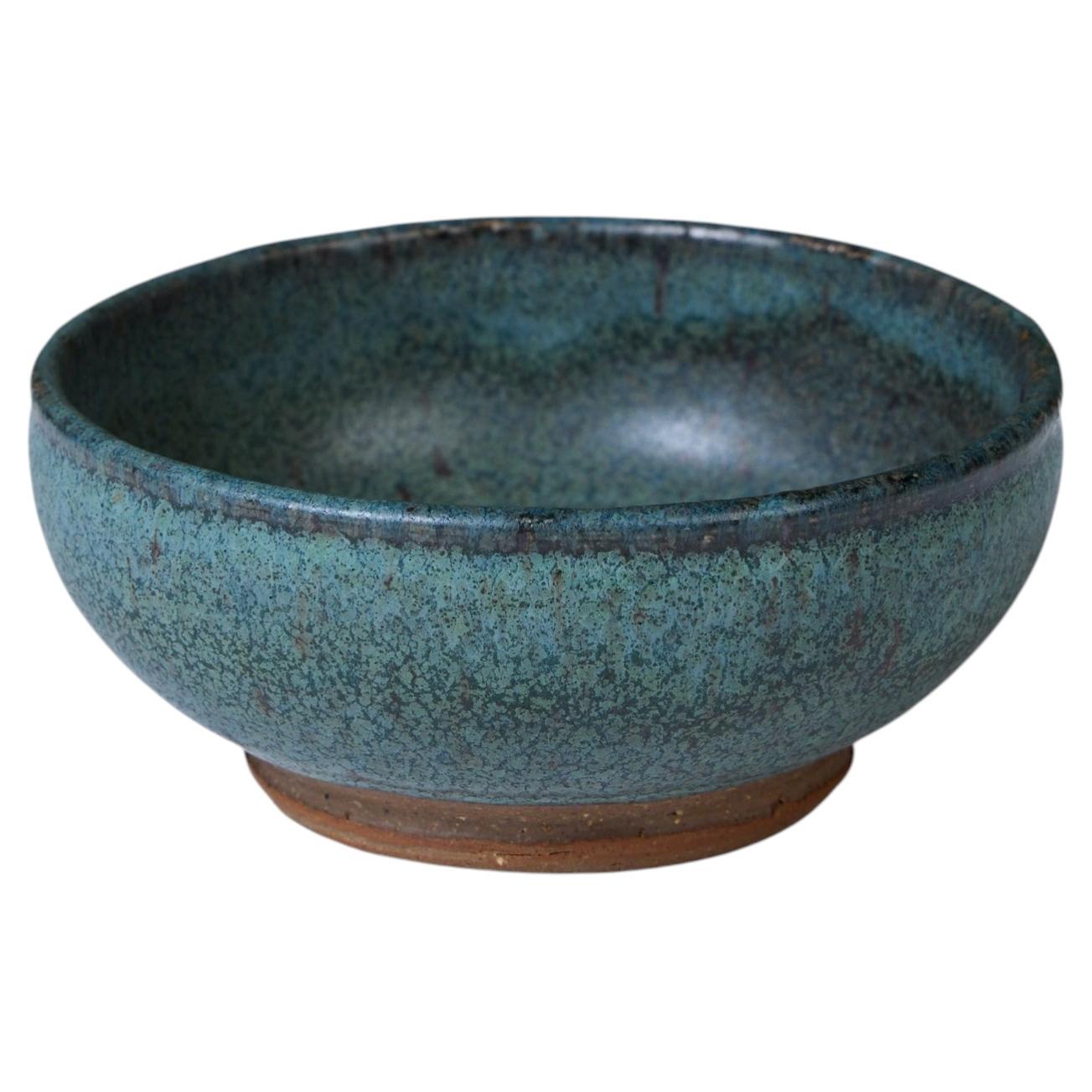 Turquoise Glazed Stoneware Bowl, Footed Design, Signed 1960 For Sale