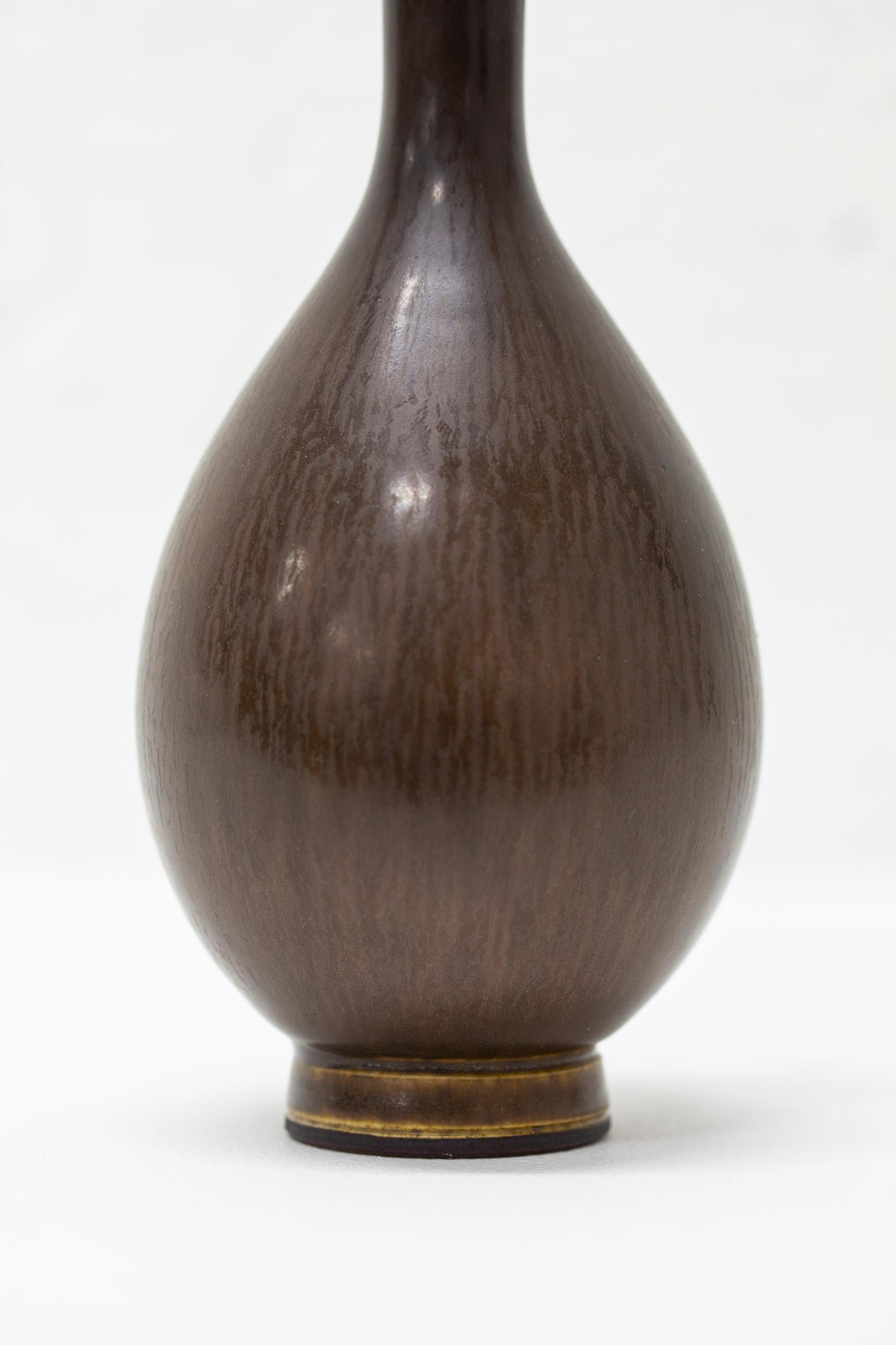 Glazed Stoneware Vase by Berndt Friberg with Brown Hare Furs Glaze, Gustavsberg, Sweden For Sale
