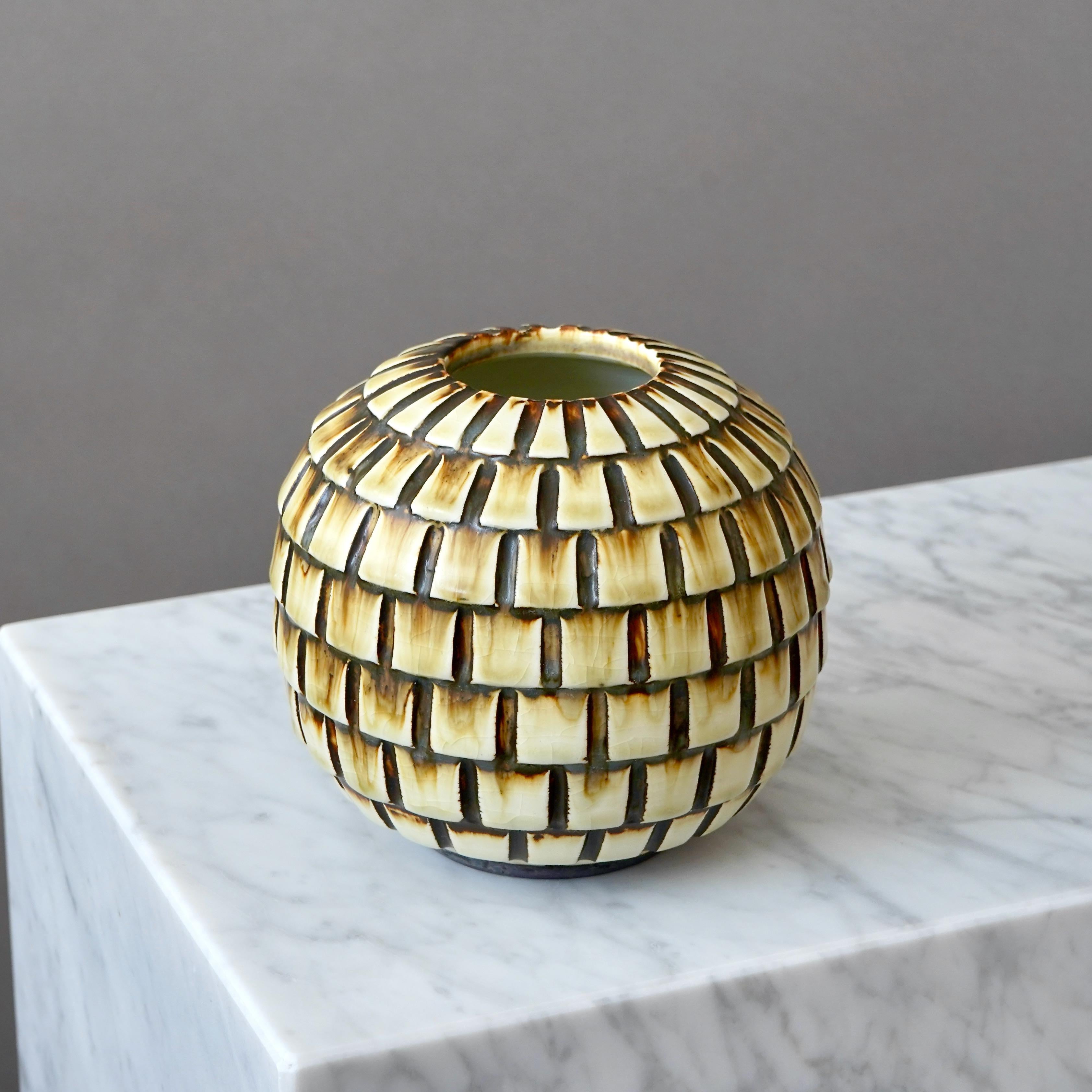 Scandinavian Modern Stoneware Vase by Gertrud Lönegren, Rörstrand, Sweden, 1930s. Art Deco, Yellow. For Sale