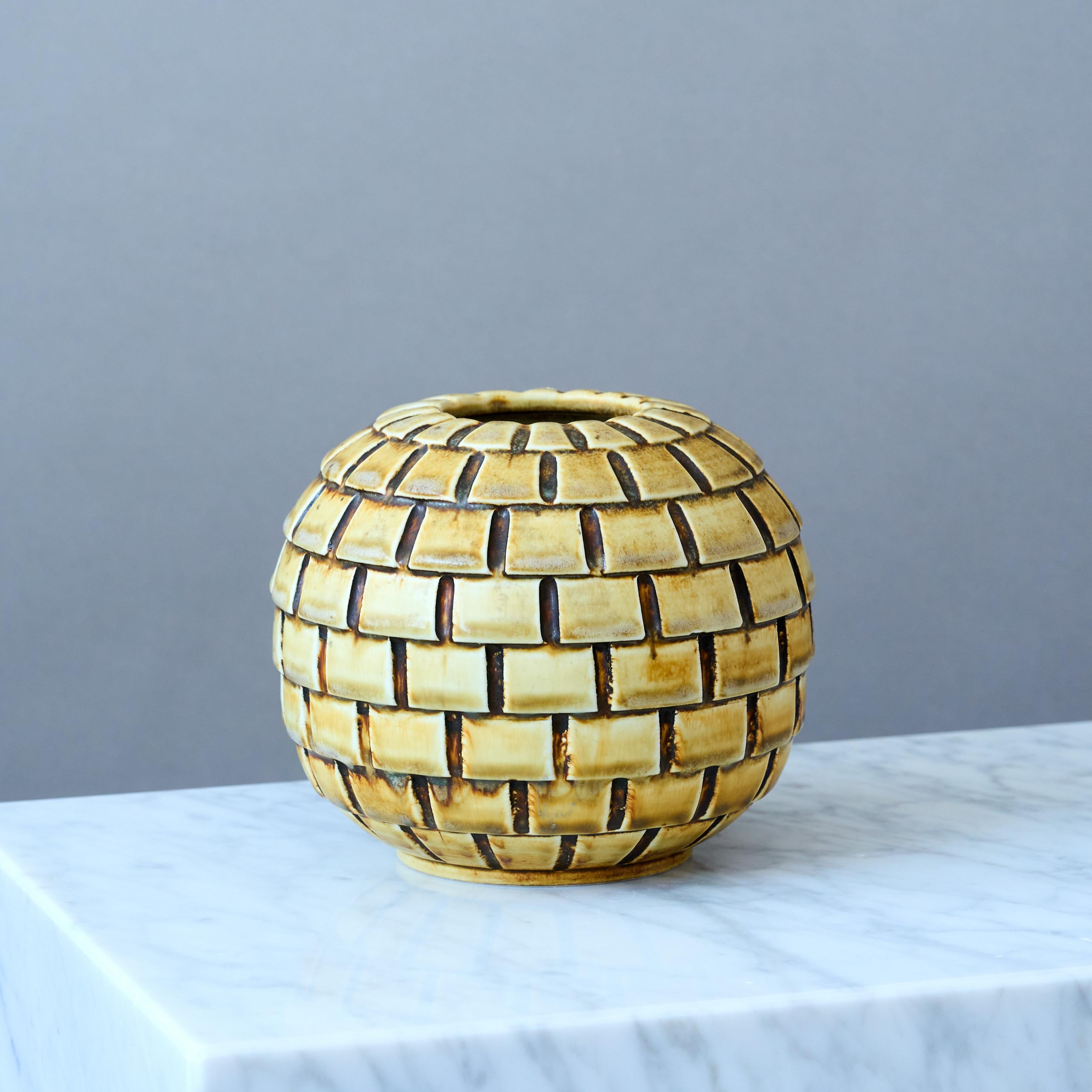 Scandinavian Modern Stoneware Vase by Gertrud Lönegren, Rörstrand, Sweden, 1930s. Art Deco, Yellow. For Sale