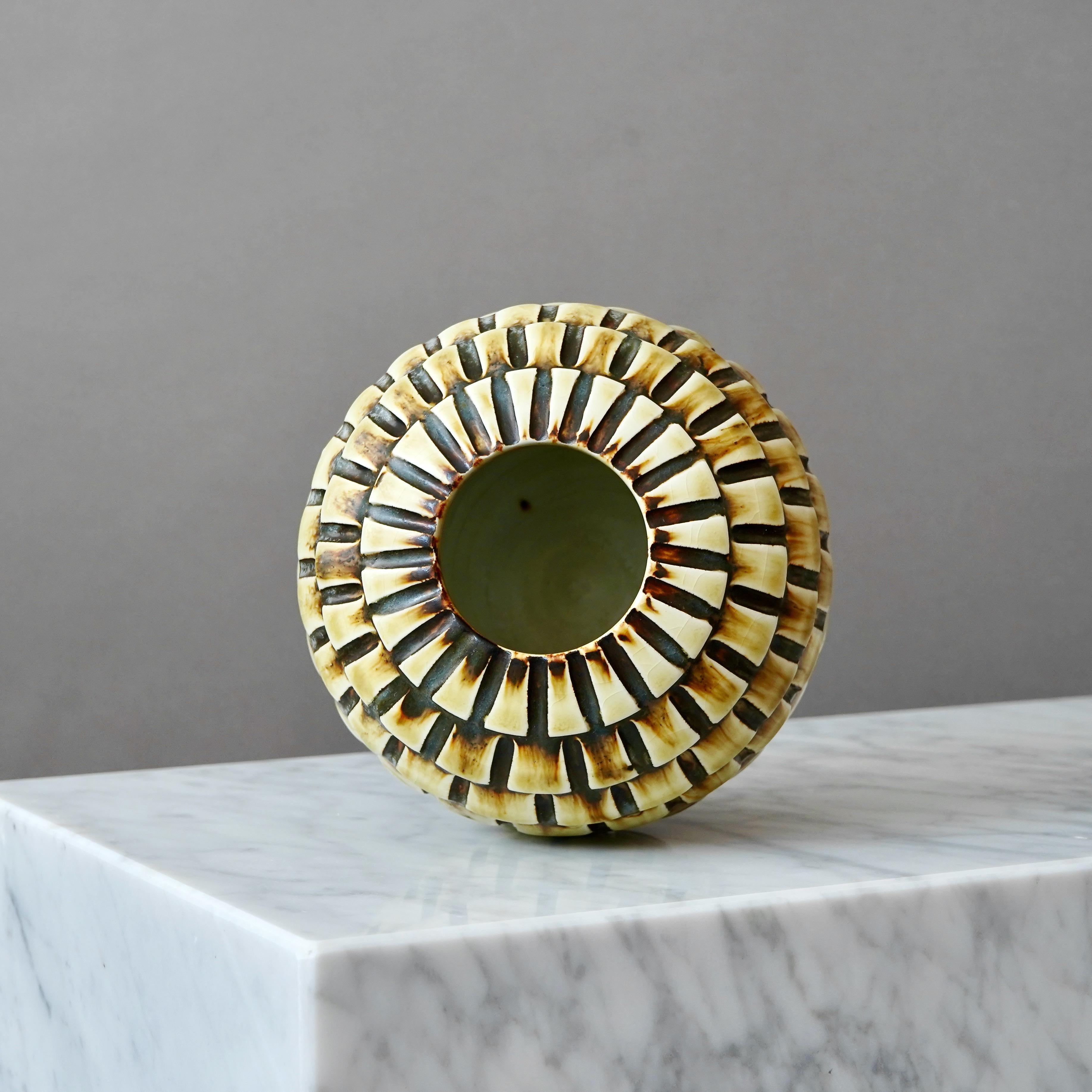 Swedish Stoneware Vase by Gertrud Lönegren, Rörstrand, Sweden, 1930s. Art Deco, Yellow. For Sale