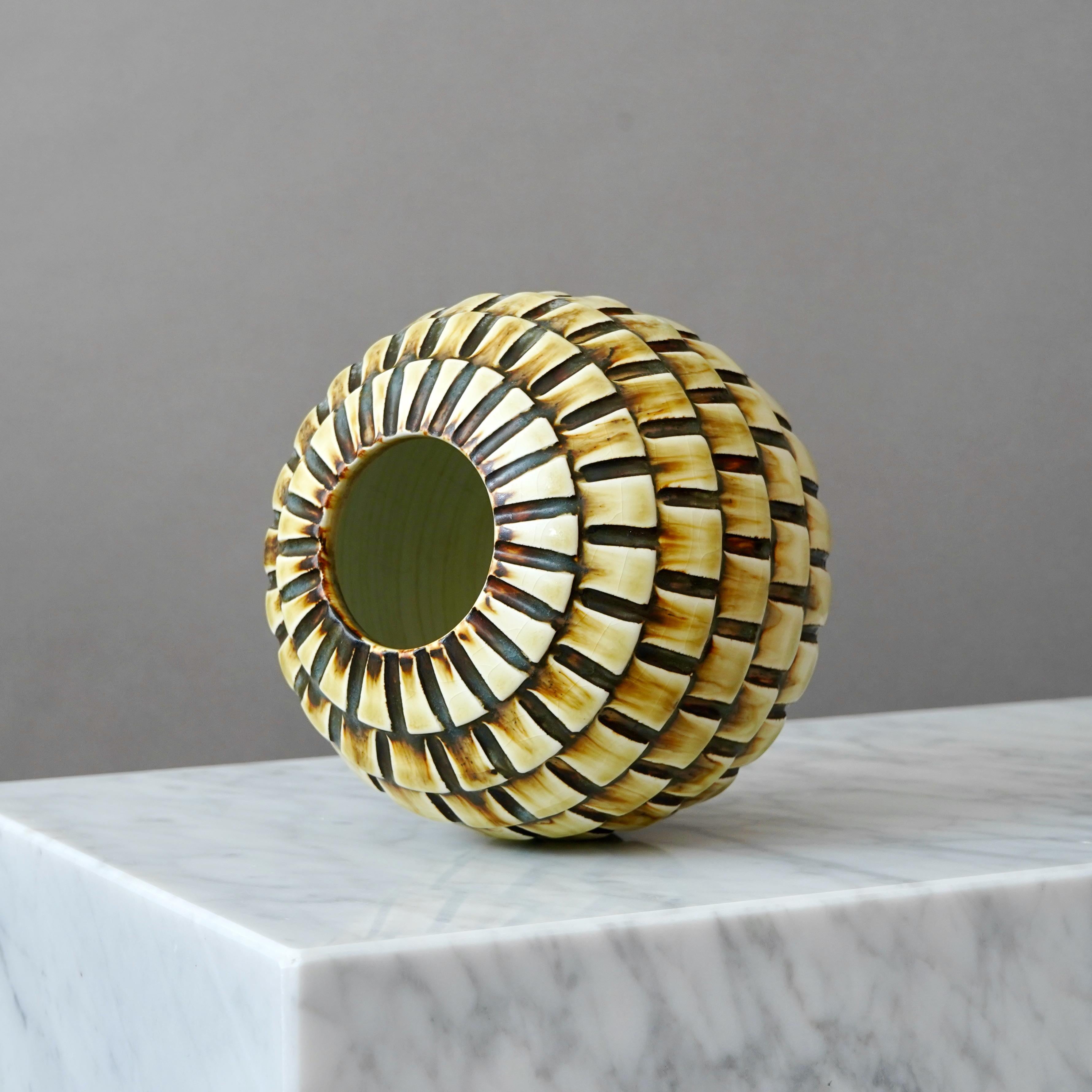 Turned Stoneware Vase by Gertrud Lönegren, Rörstrand, Sweden, 1930s. Art Deco, Yellow. For Sale