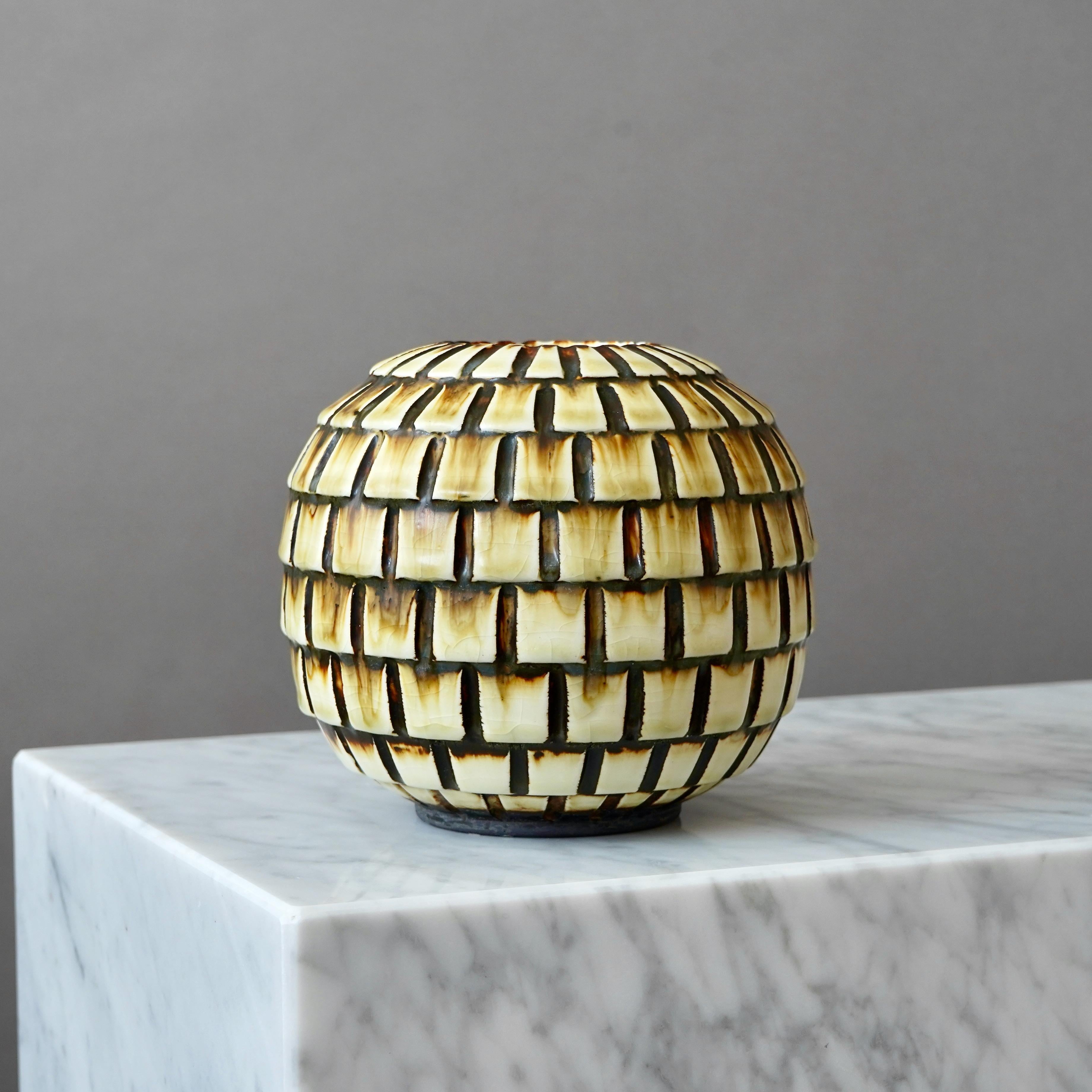 20th Century Stoneware Vase by Gertrud Lönegren, Rörstrand, Sweden, 1930s. Art Deco, Yellow. For Sale