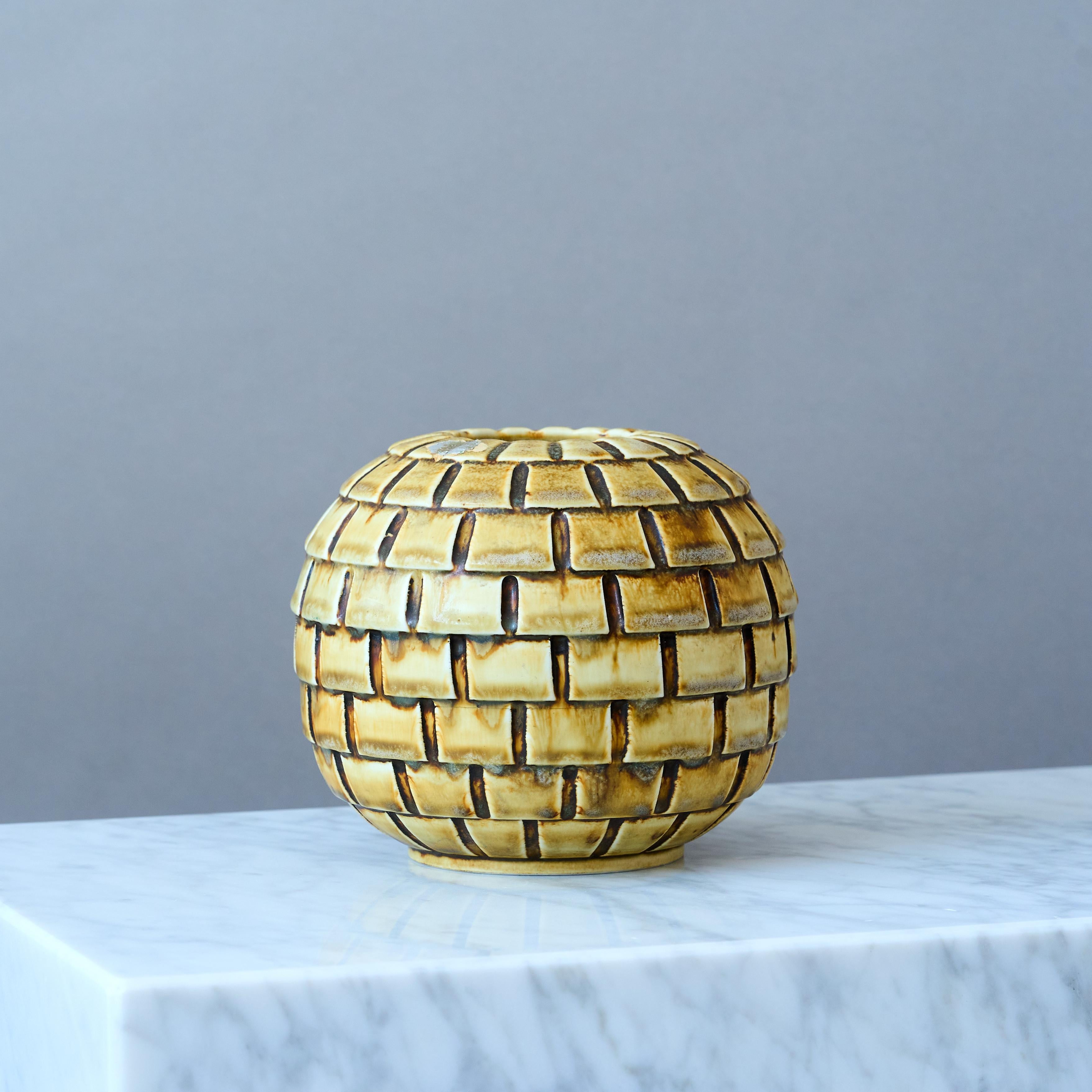 20th Century Stoneware Vase by Gertrud Lönegren, Rörstrand, Sweden, 1930s. Art Deco, Yellow. For Sale