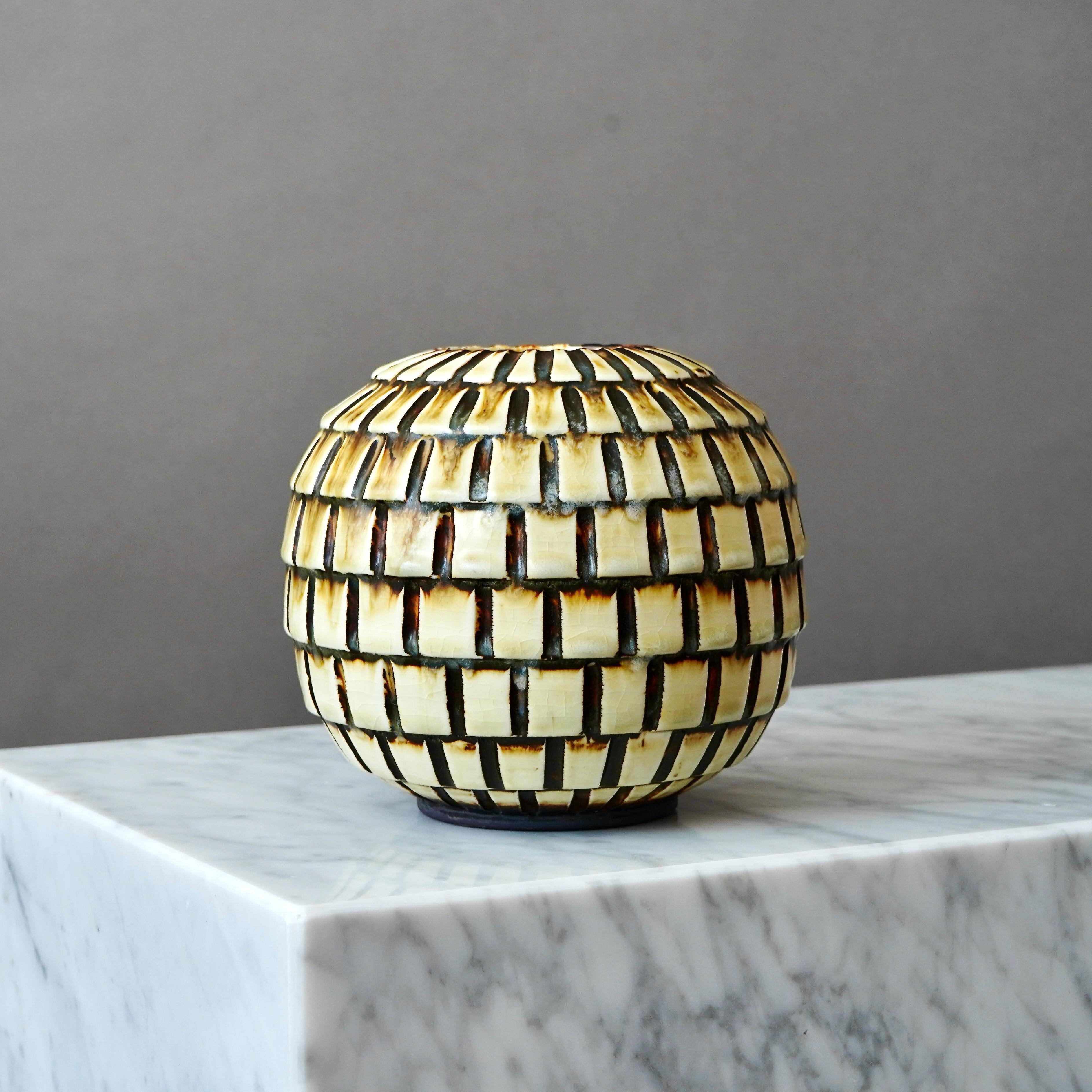 Ceramic Stoneware Vase by Gertrud Lönegren, Rörstrand, Sweden, 1930s. Art Deco, Yellow. For Sale
