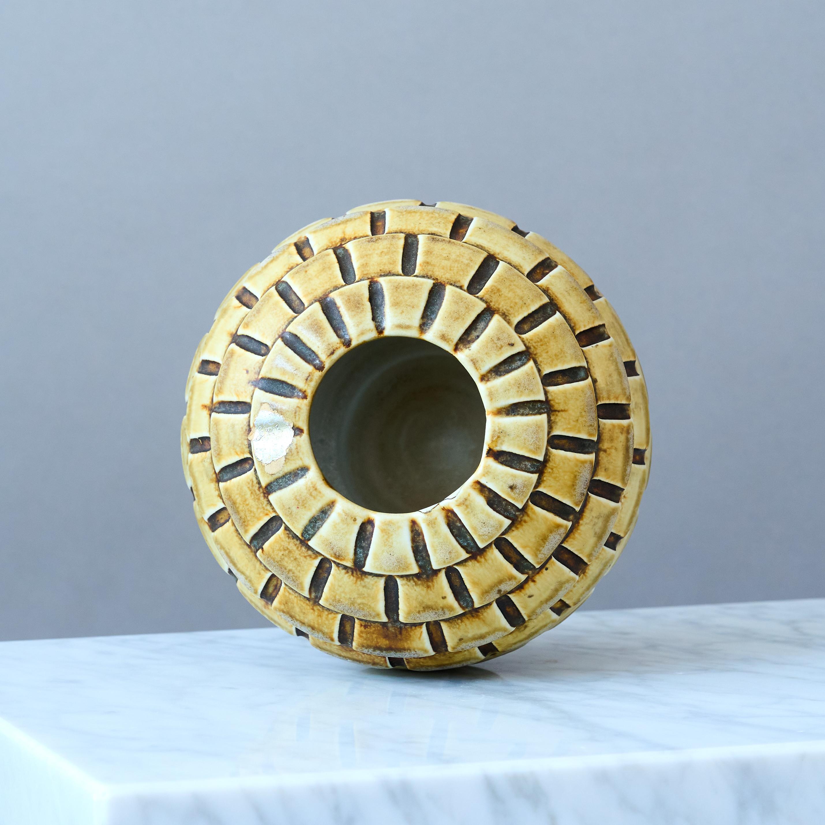 Ceramic Stoneware Vase by Gertrud Lönegren, Rörstrand, Sweden, 1930s. Art Deco, Yellow. For Sale