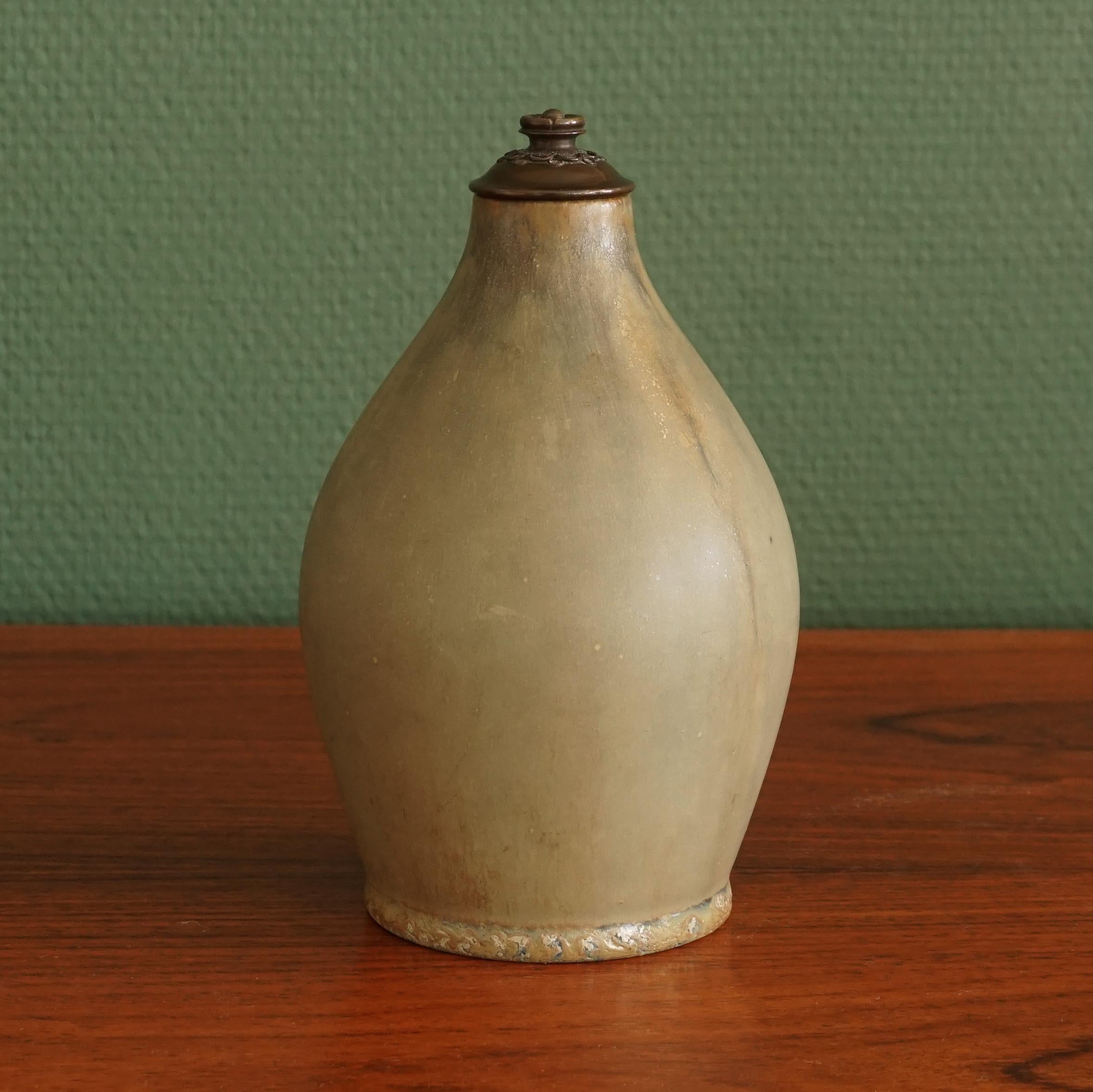 Mid-Century Modern Stoneware Vase, Cover of Patinated Bronze, Manufactured by Royal Copenhagen For Sale