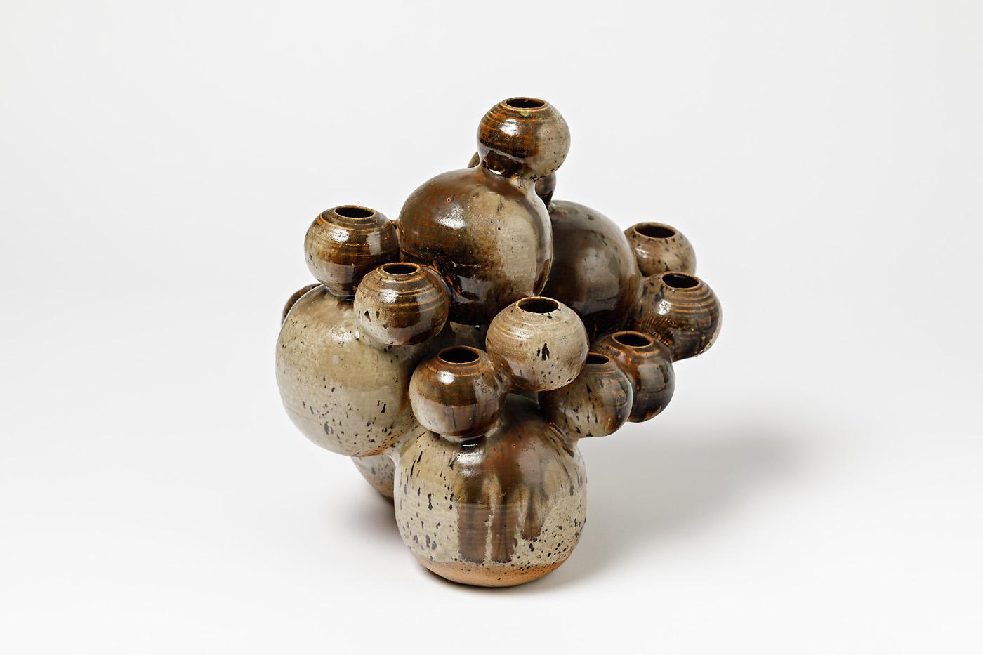 French Stoneware Vase, Sculpture with Brown Glaze by François Guesneau, circa 1970