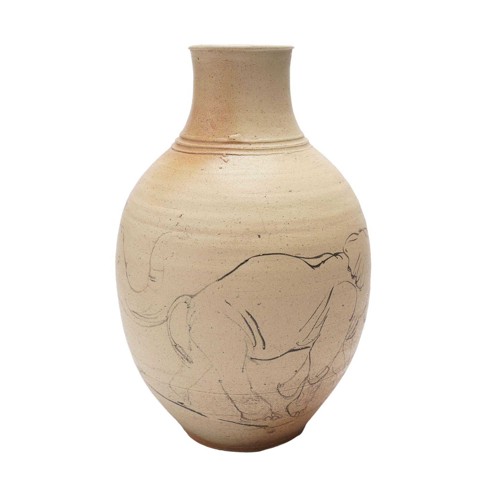 American Stoneware vase with elephant sketch by Bruce Howdle, 1980's For Sale