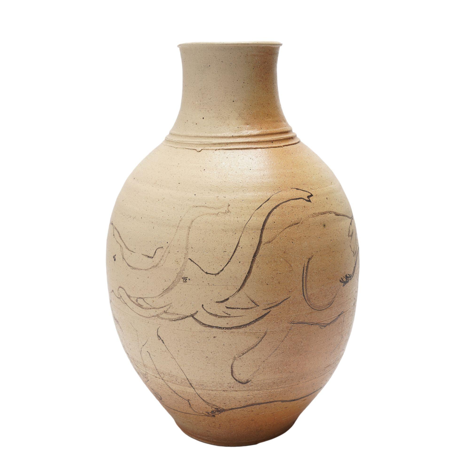 20th Century Stoneware vase with elephant sketch by Bruce Howdle, 1980's For Sale