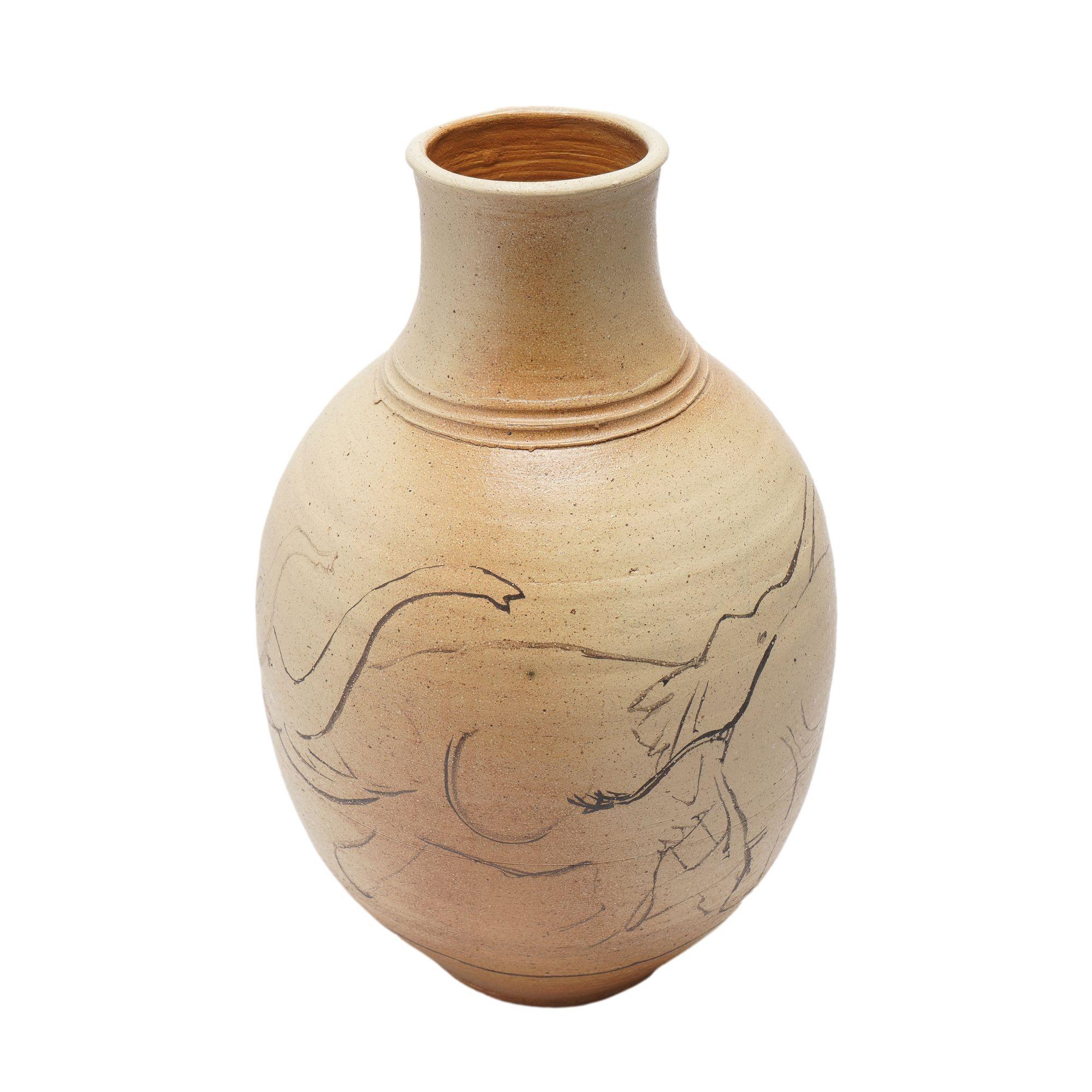 Ceramic Stoneware vase with elephant sketch by Bruce Howdle, 1980's For Sale