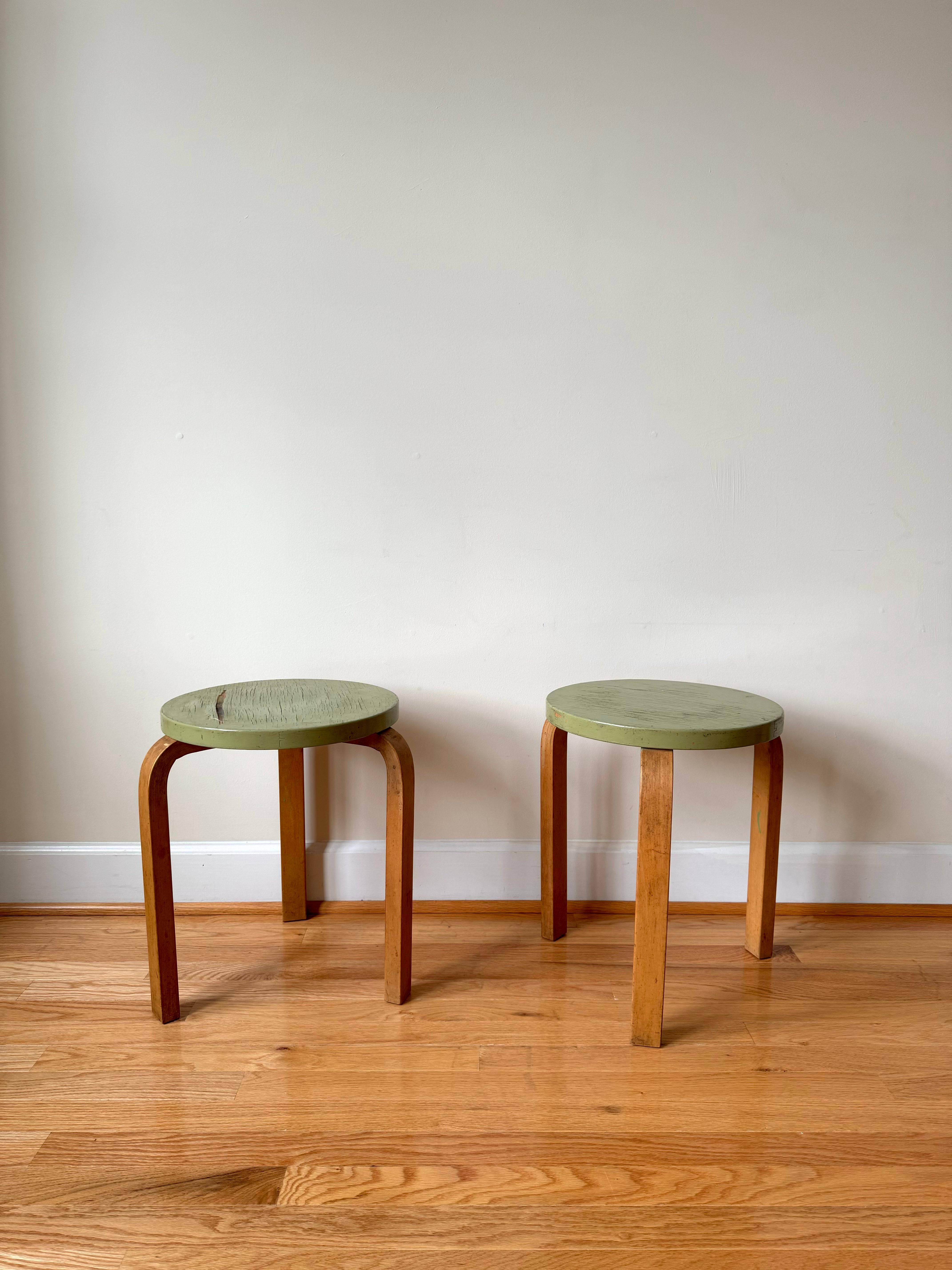 1930-40s model with four slits in the L-legs and a finger-joint detail on the seat.
Date of Manufacture: circa 1930-40s

Alvar Aalto's iconic Stool 60 is the most elemental of furniture pieces, equally suitable as a seat, a table, storage unit, or