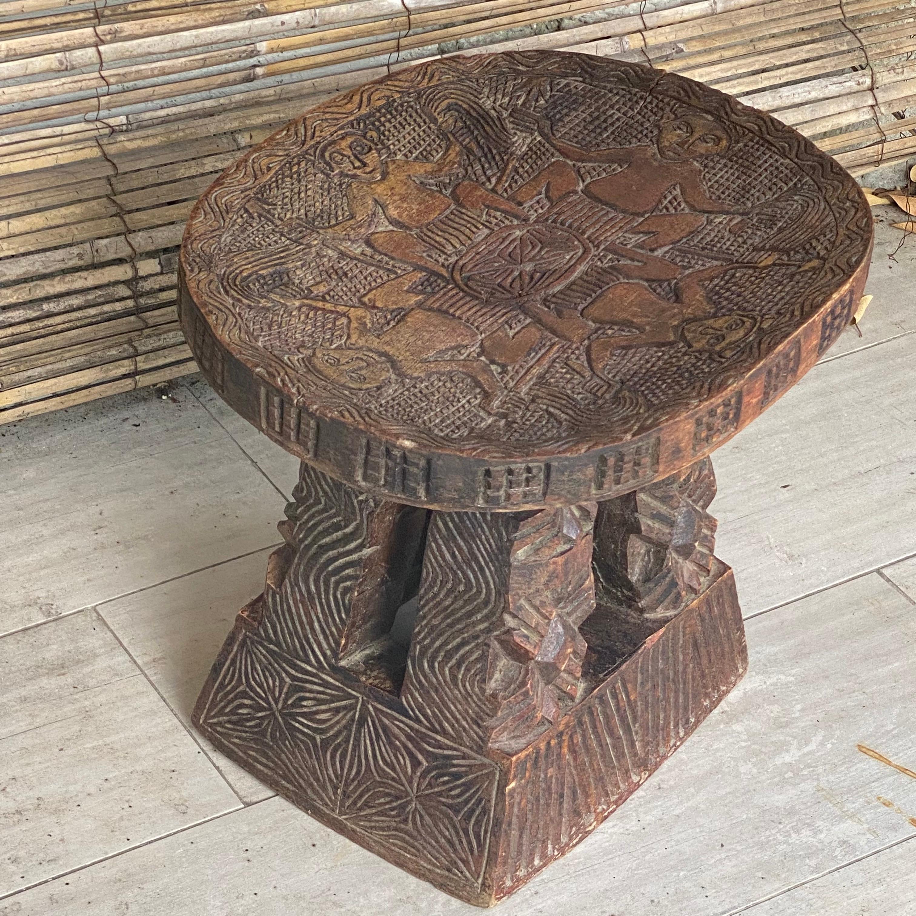 Hand-Carved Stool and End Table Hand Carved, with African Pattern, XX Century, Old Patina