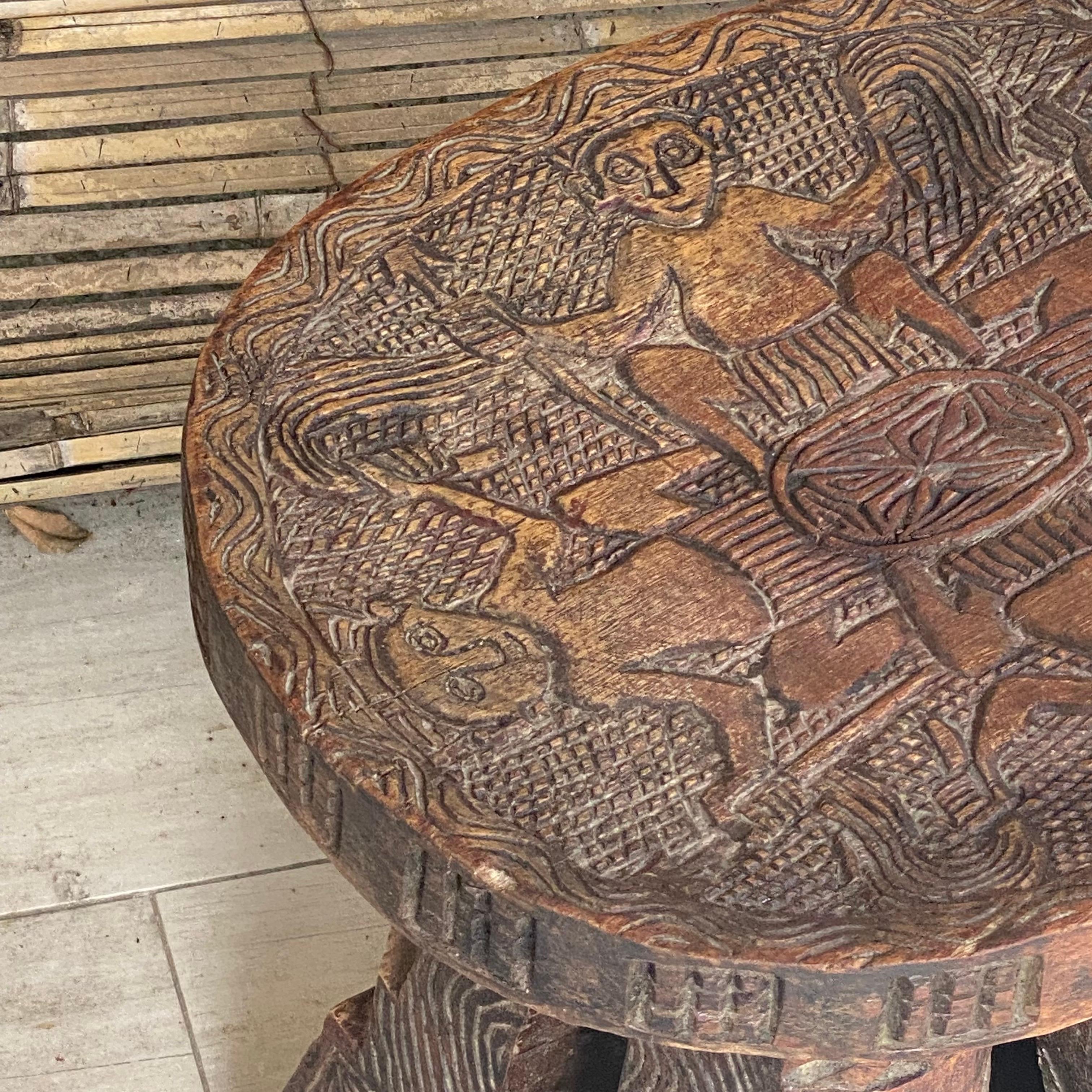 20th Century Stool and End Table Hand Carved, with African Pattern, XX Century, Old Patina