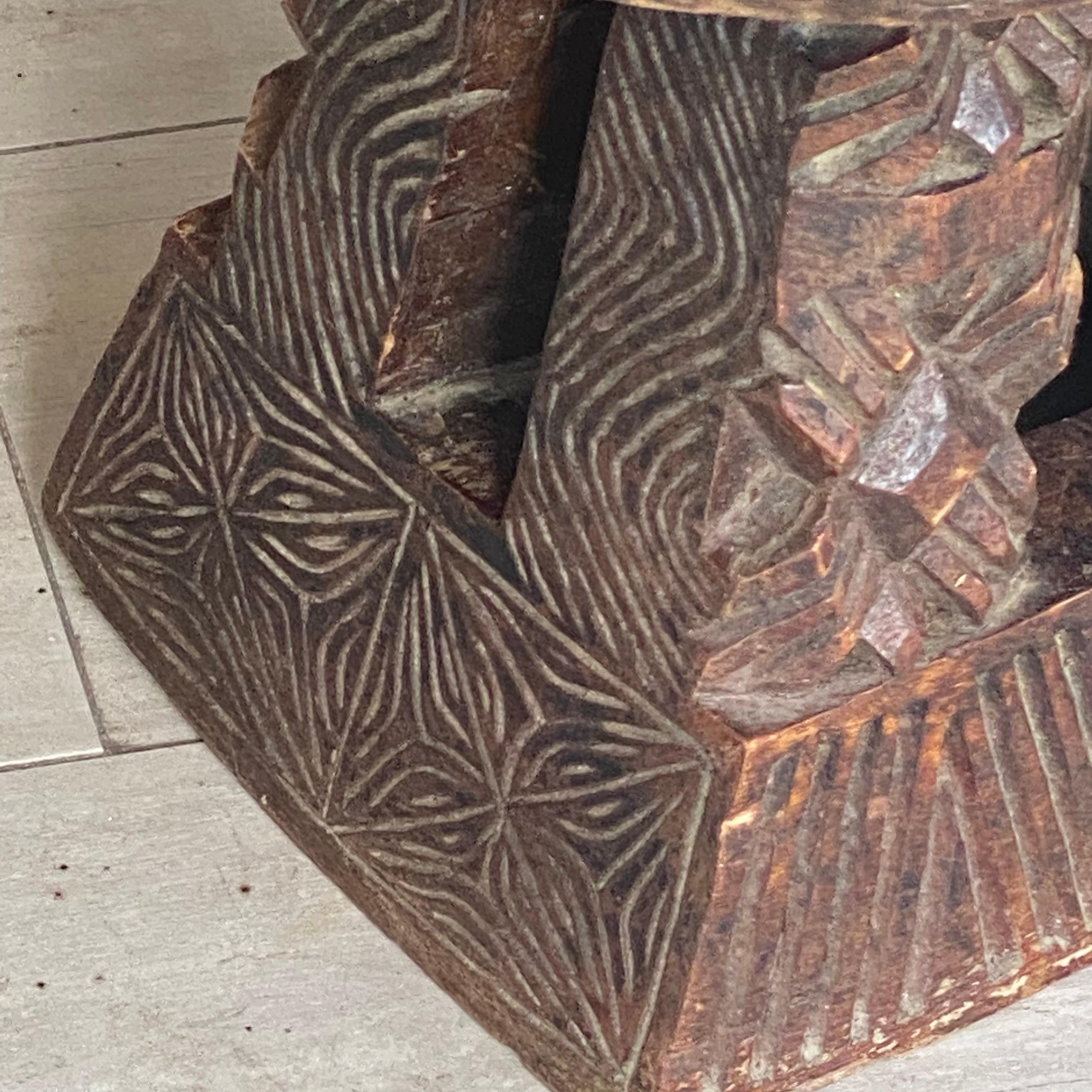 Wood Stool and End Table Hand Carved, with African Pattern, XX Century, Old Patina