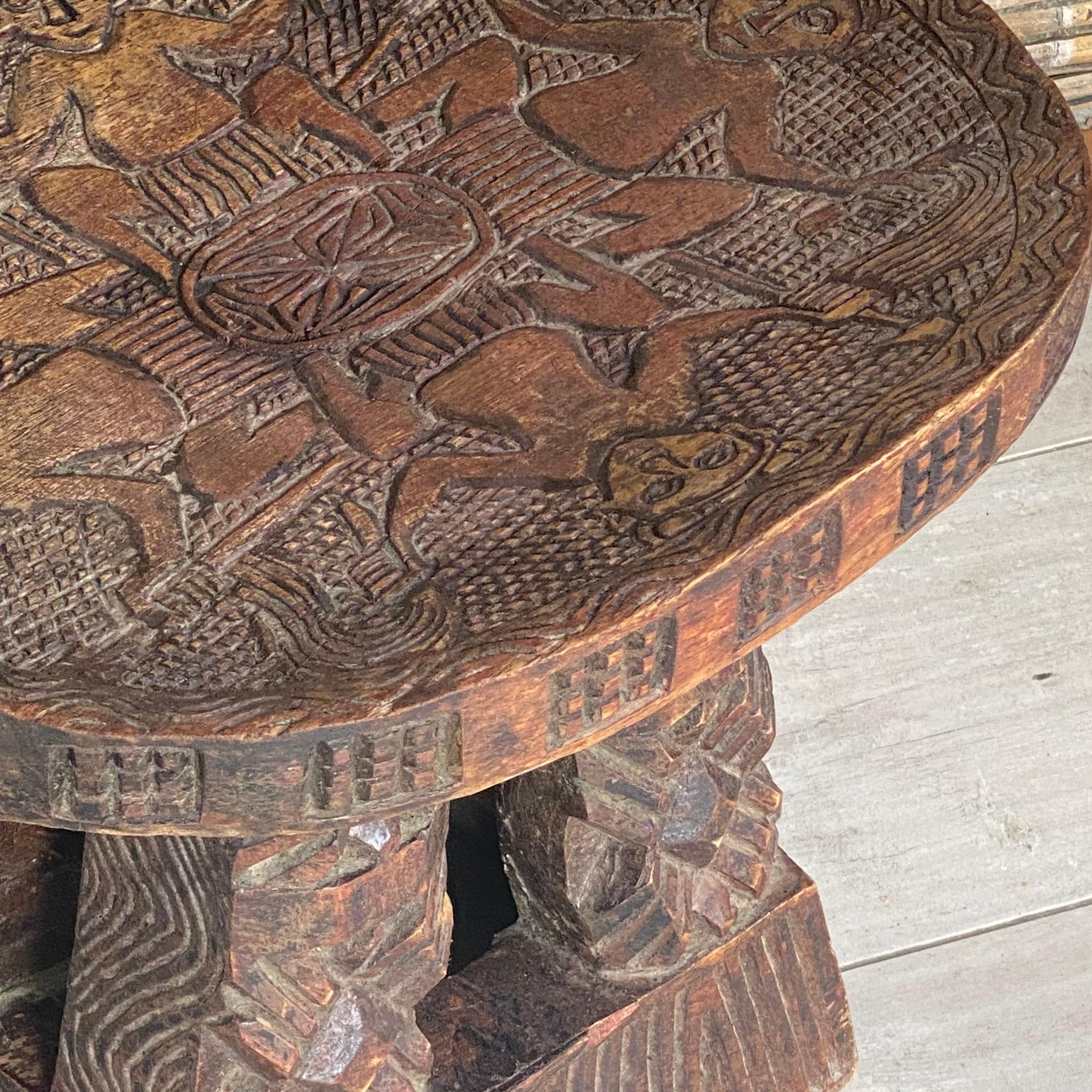 Stool and End Table Hand Carved, with African Pattern, XX Century, Old Patina 1