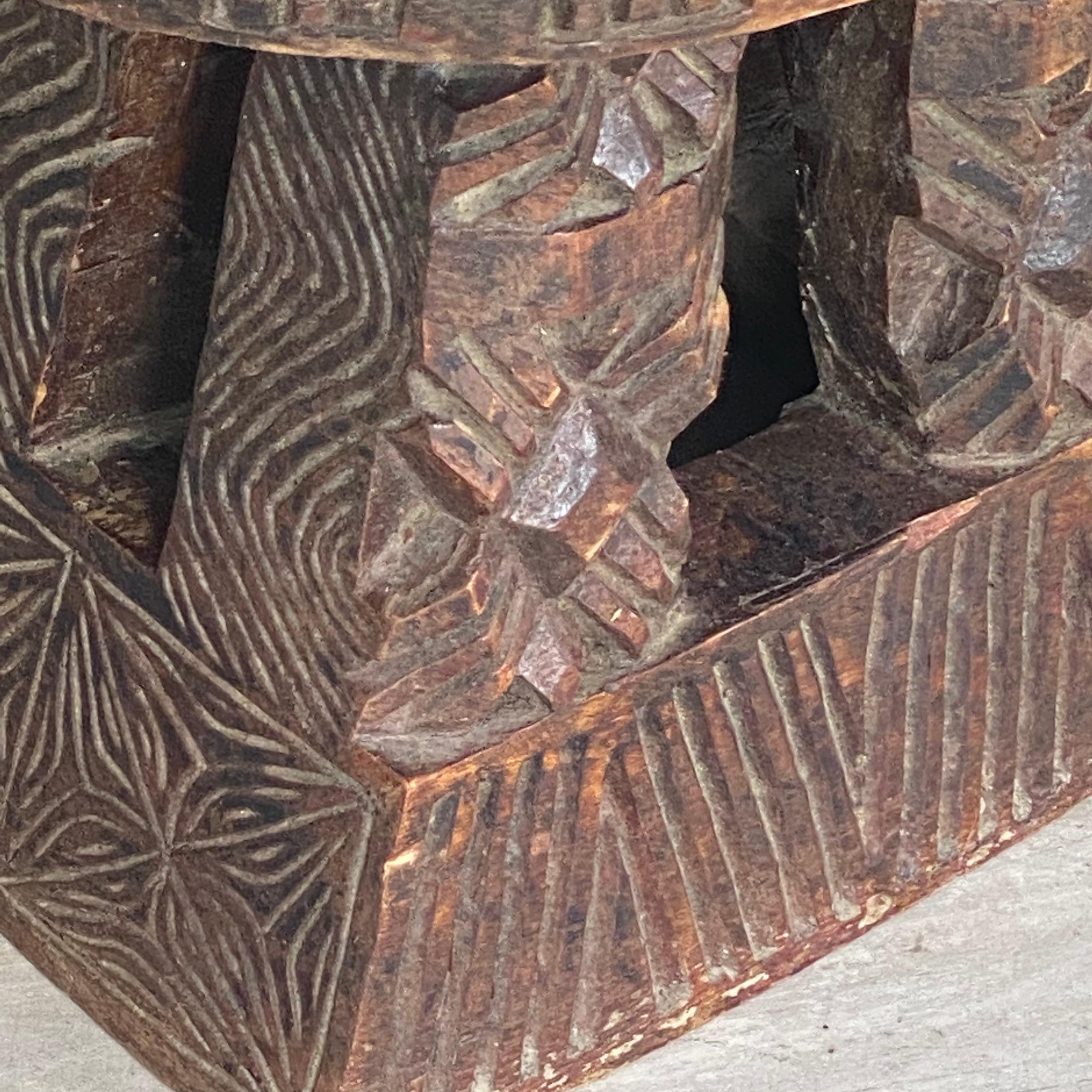 Stool and End Table Hand Carved, with African Pattern, XX Century, Old Patina 2
