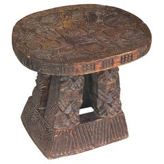 Stool and End Table Hand Carved, with African Pattern, XX Century, Old Patina