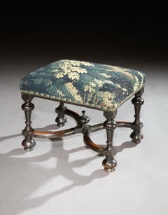 Stool, Baroque, Upholstered, Oak, Ebonised, X Stretcher, Tapestry, Verdure Bird