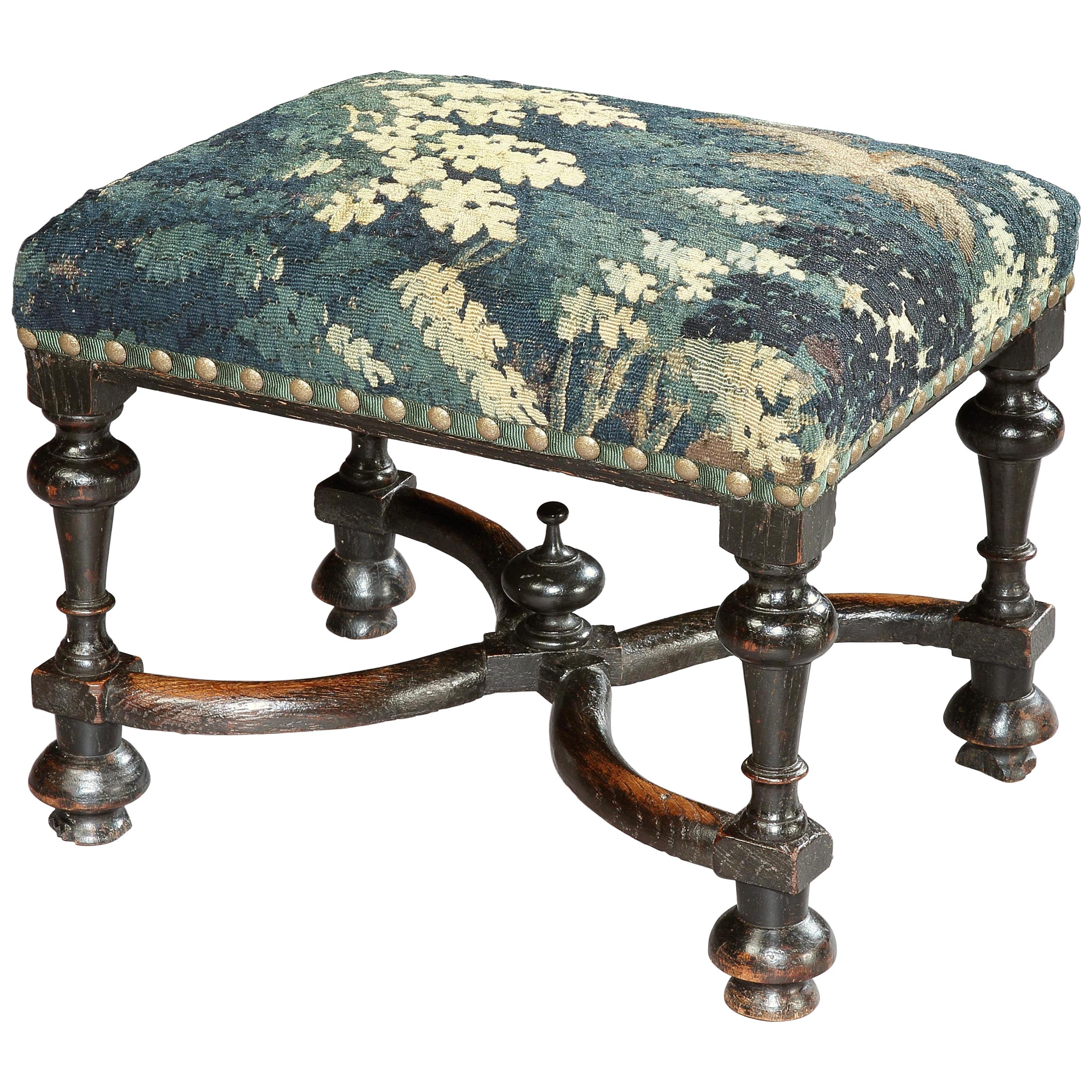 Stool, Baroque, Upholstered, Oak, Ebonised, X Stretcher, Tapestry, Verdure Bird For Sale