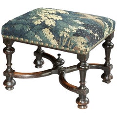Antique Stool, Baroque, Upholstered, Oak, Ebonised, X Stretcher, Tapestry, Verdure Bird
