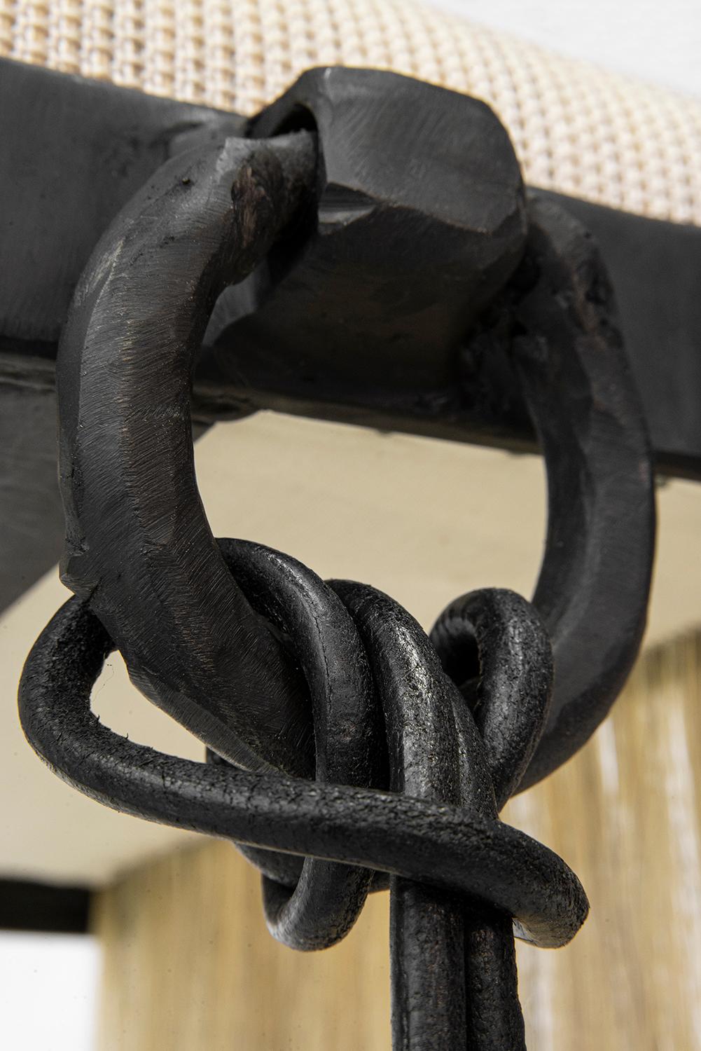 Blackened Stool/Bench Modern Medieval Handmade Horsehair Iron Woven Textile Fringe Tassel For Sale