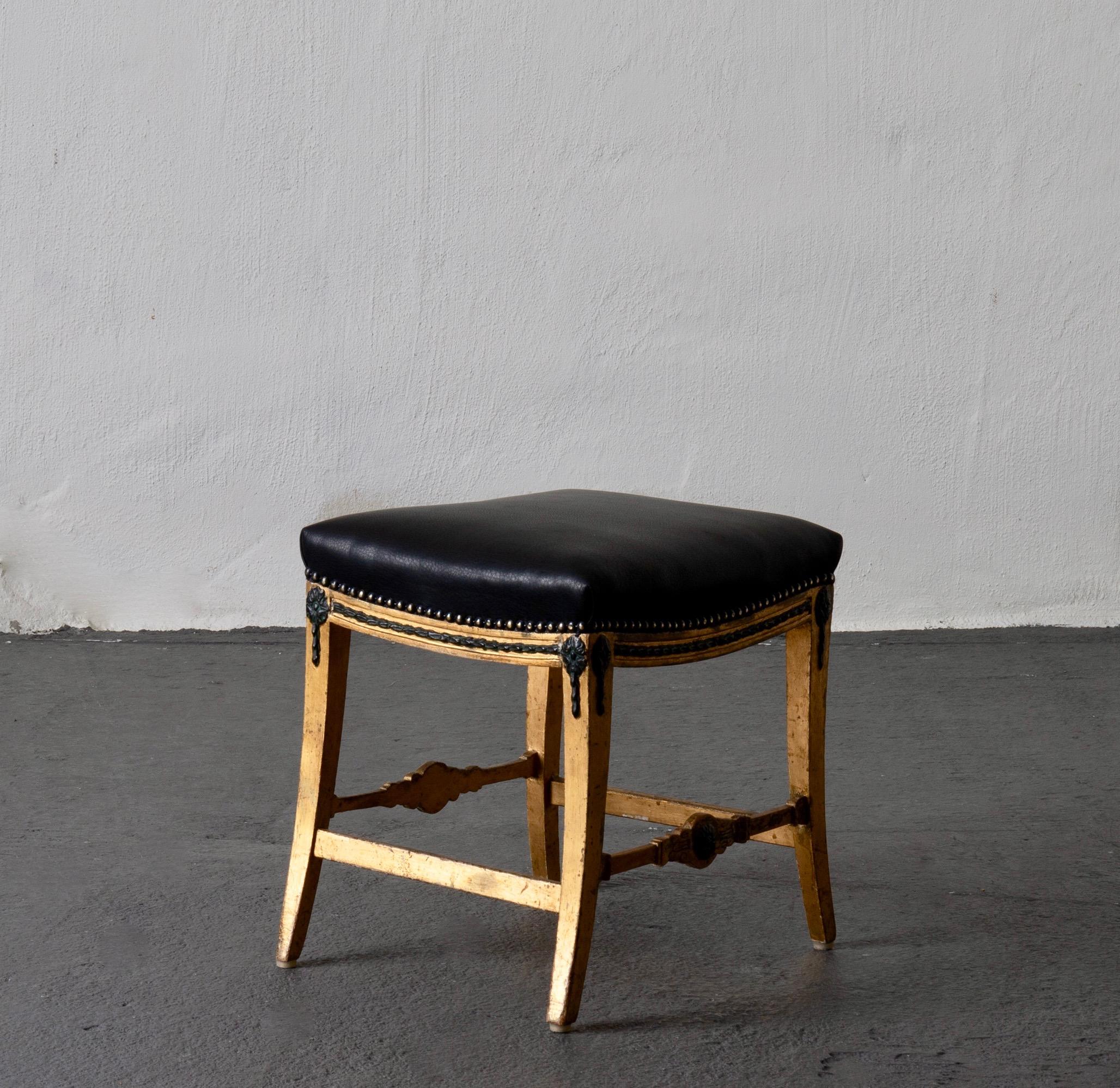 19th Century Stool Bench Swedish Neoclassical 18th Century Gilded Black Leather Sweden