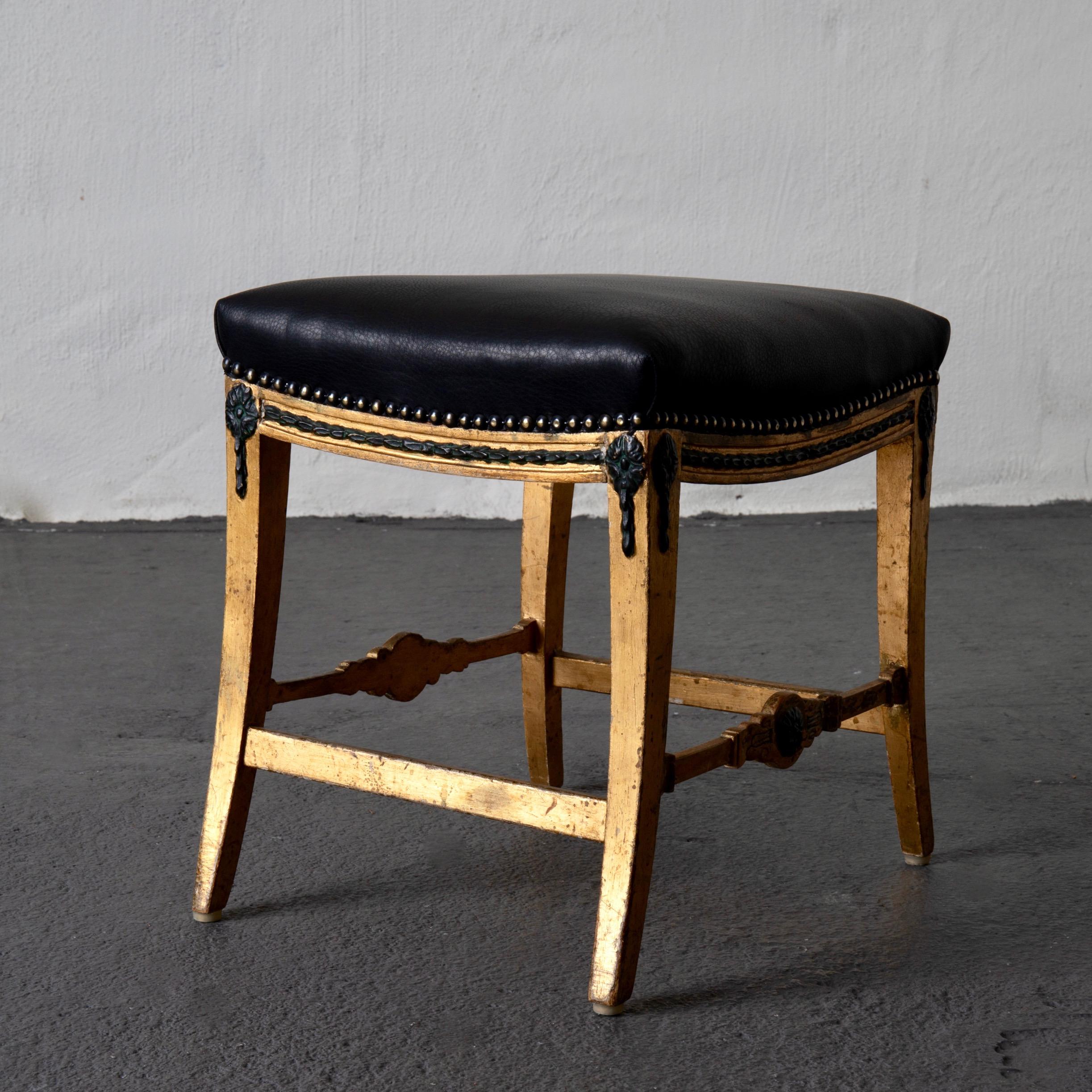 Stool Bench Swedish Neoclassical 18th Century Gilded Black Leather Sweden 1
