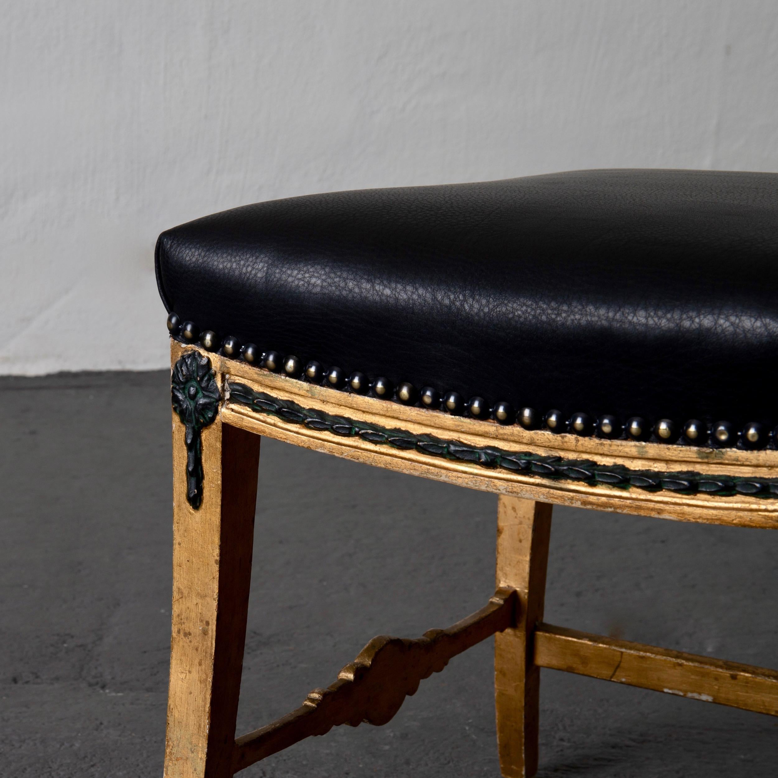 Stool Bench Swedish Neoclassical 18th Century Gilded Black Leather Sweden 2