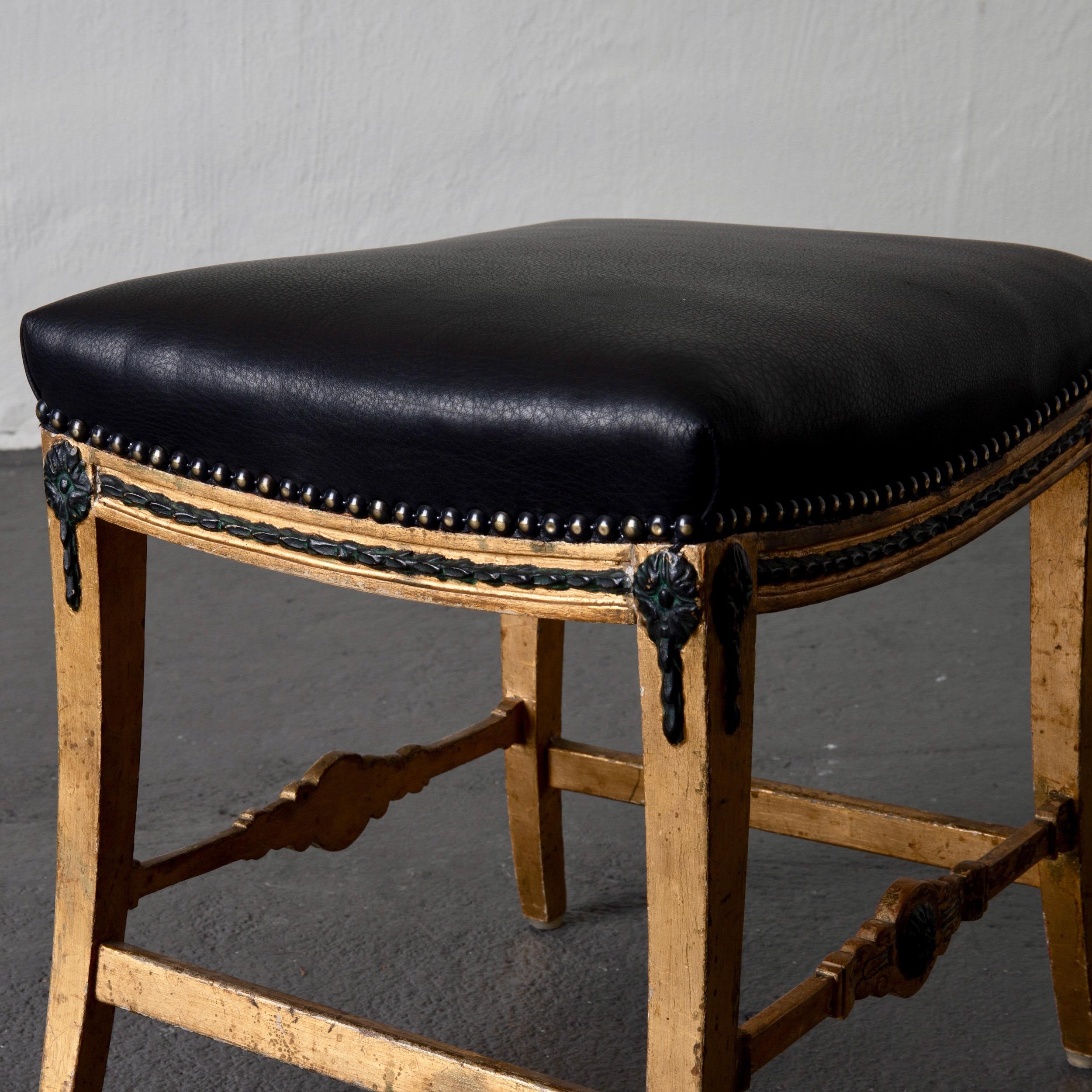 Stool Bench Swedish Neoclassical 18th Century Gilded Black Leather Sweden 3