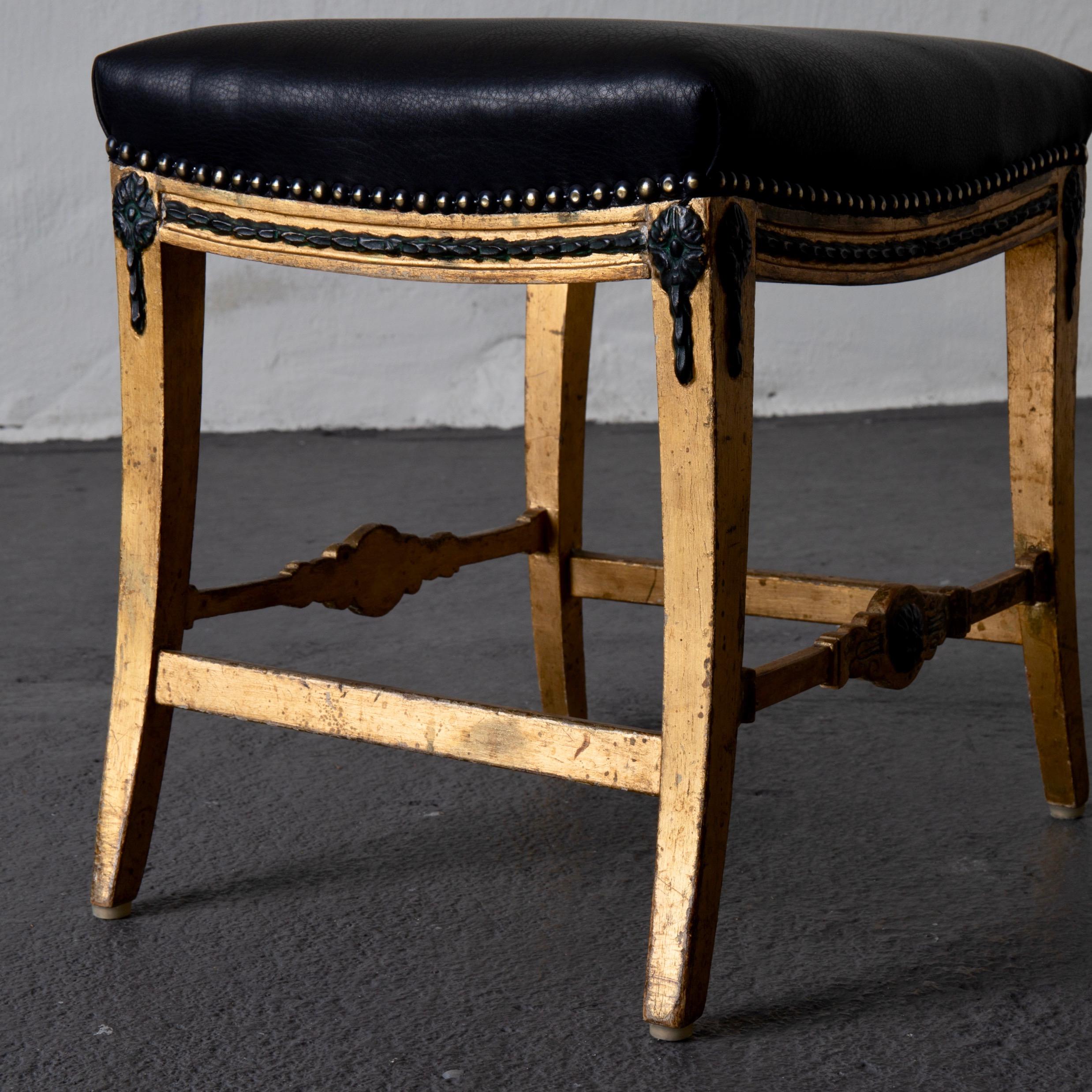 Stool Bench Swedish Neoclassical 18th Century Gilded Black Leather Sweden 4