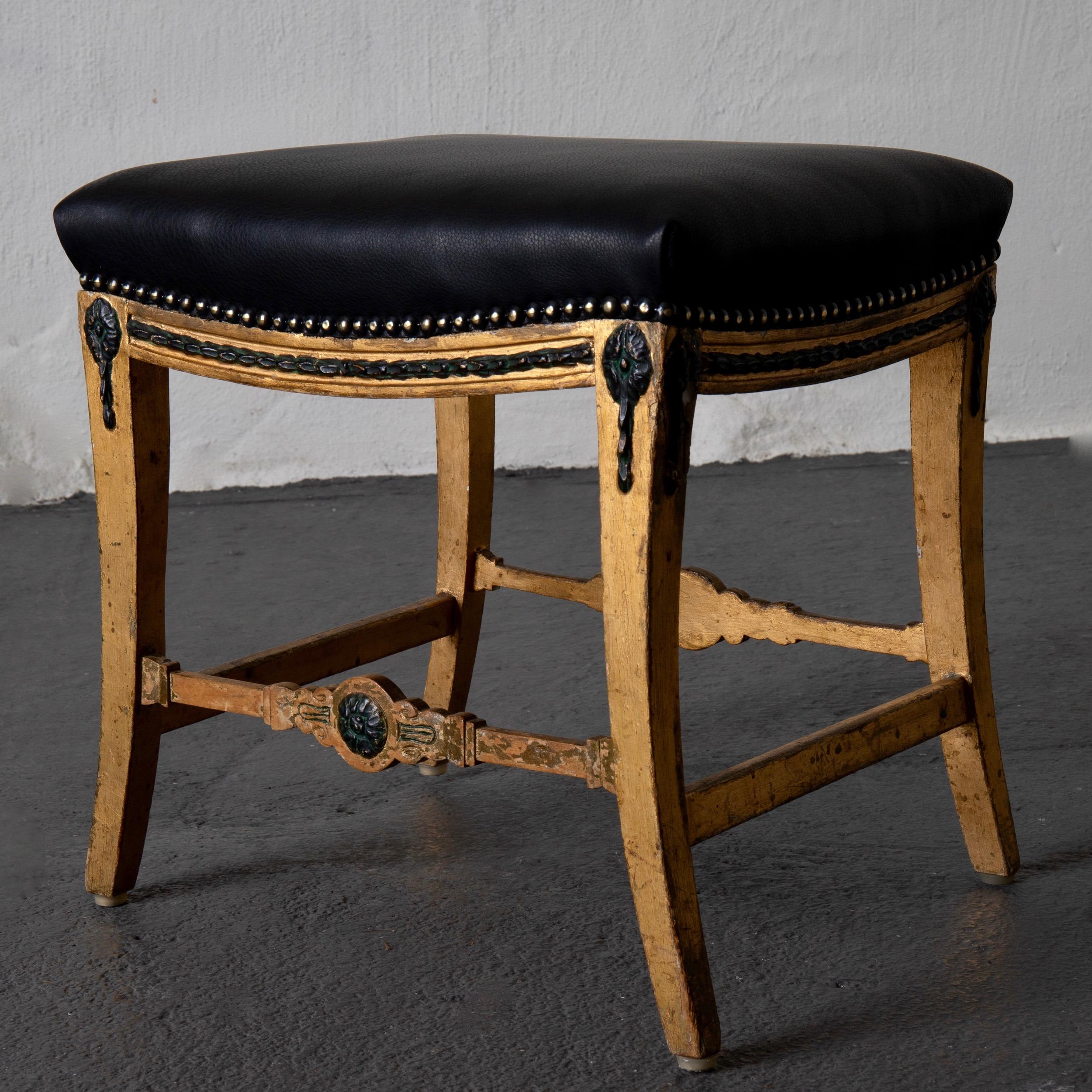 Stool Bench Swedish Neoclassical 18th Century Gilded Black Leather Sweden 5