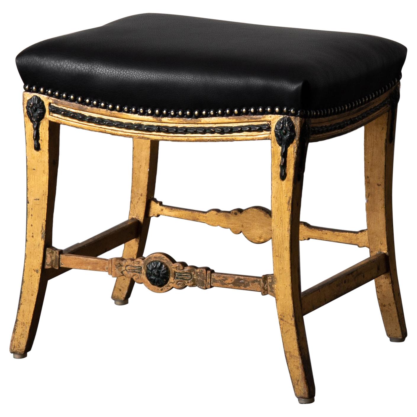 Stool Bench Swedish Neoclassical 18th Century Gilded Black Leather Sweden