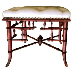 Stool  Chippendale Style  Faux Bamboo Whit Leather Capitone