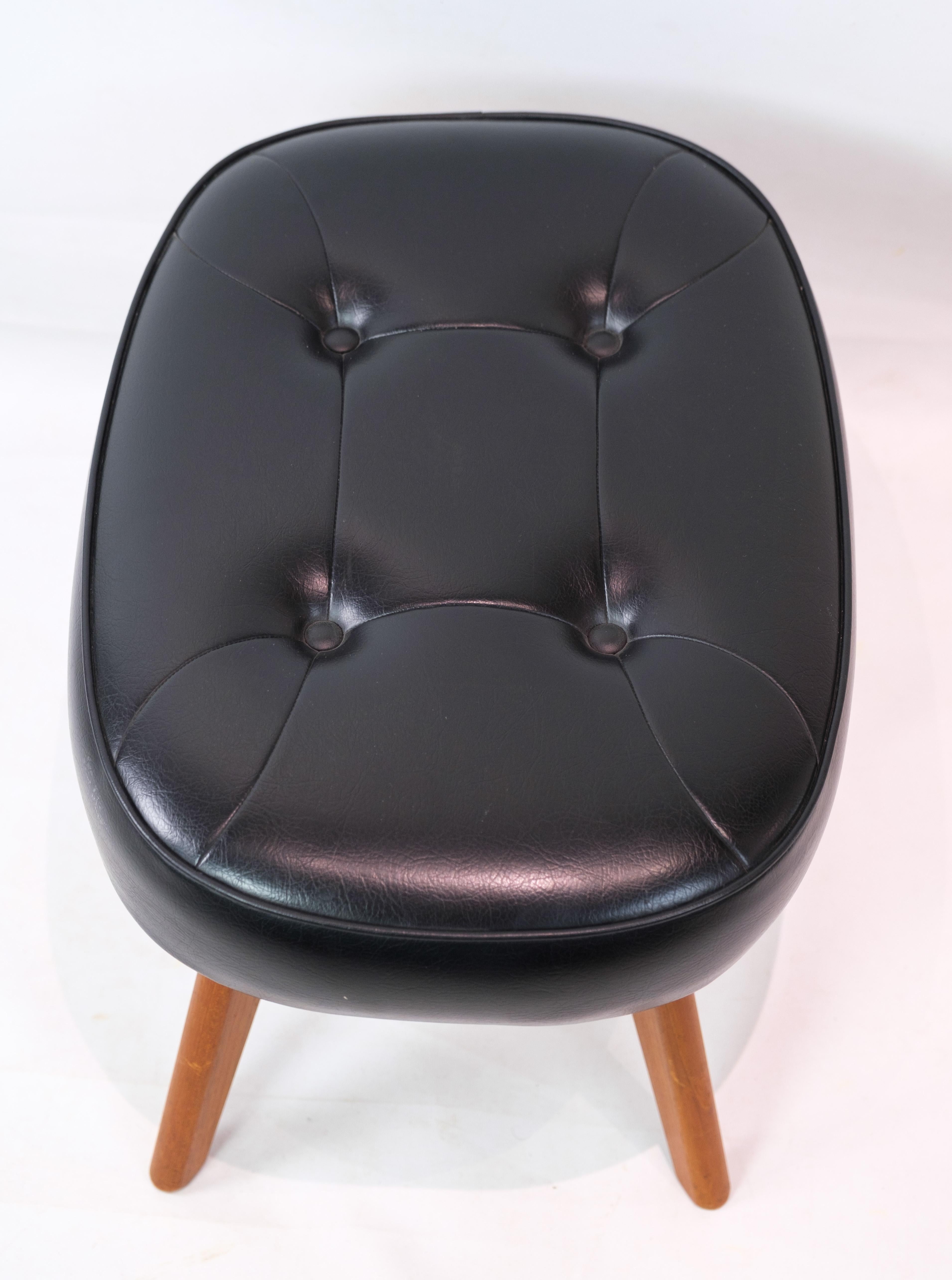 Stool, Danish Design, Black Leather, Teak, 1960 For Sale 3