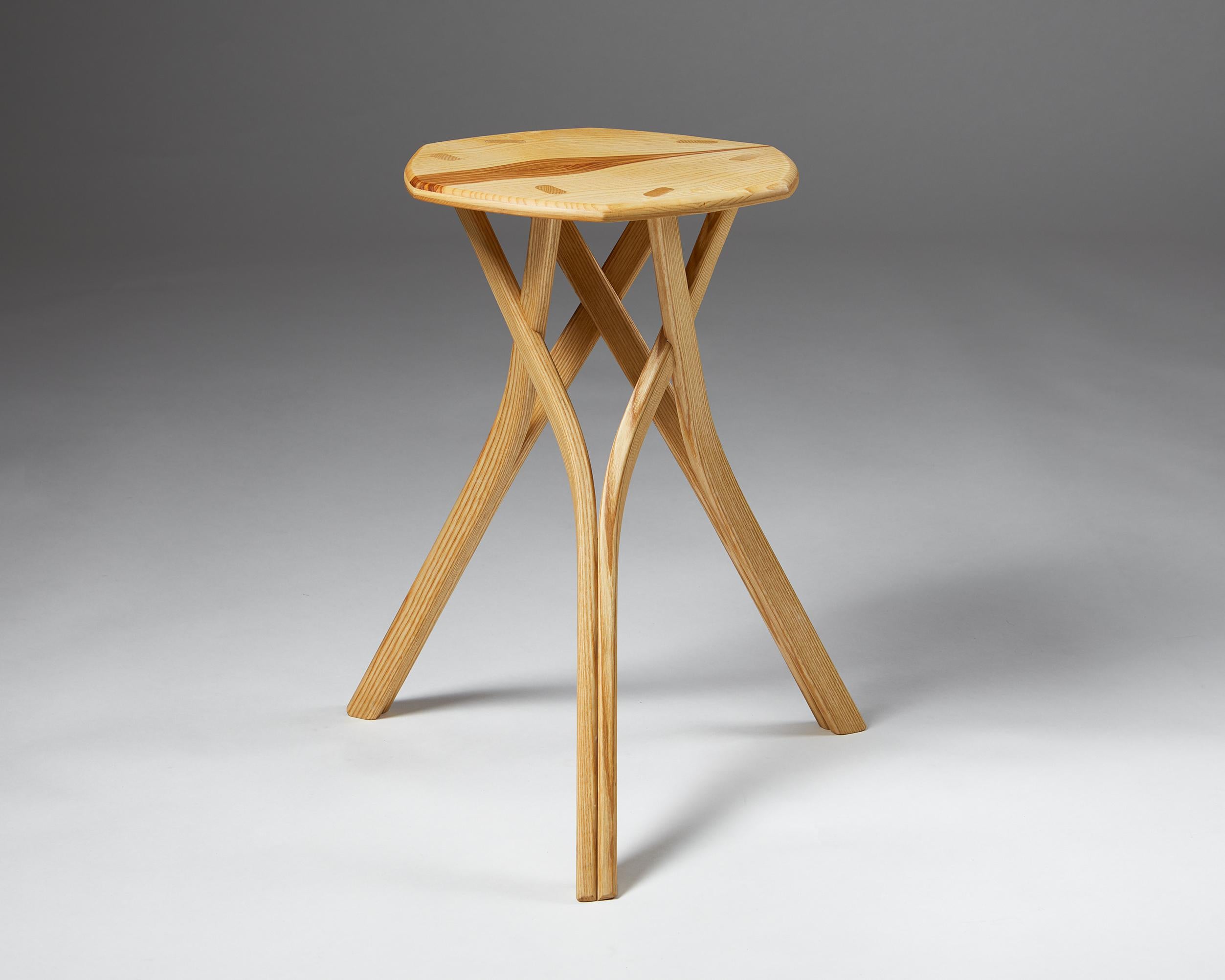 Stool designed by Calle Warfvinge,
Sweden. Contemporary.

Ash.

Unique.

This contemporary Swedish stool is a work of unparalleled craftsmanship. Calle Warfvinge carefully chose the individual wooden components to achieve a decorative effect. The