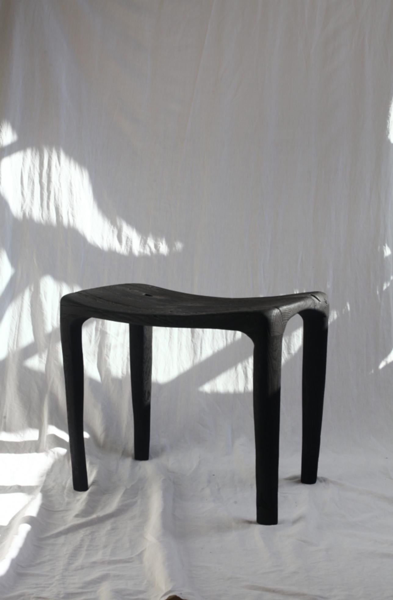 Stool Eclipse 1 by Antoine Maurice.
Dimensions: W 40 x D 30 x H 50 cm.
Materials: Solid oak beams, assembled, carved and burned.


Ethnic-inspired, the Eclipse range of furniture gives pride of place to primitive lines… as well as recycled