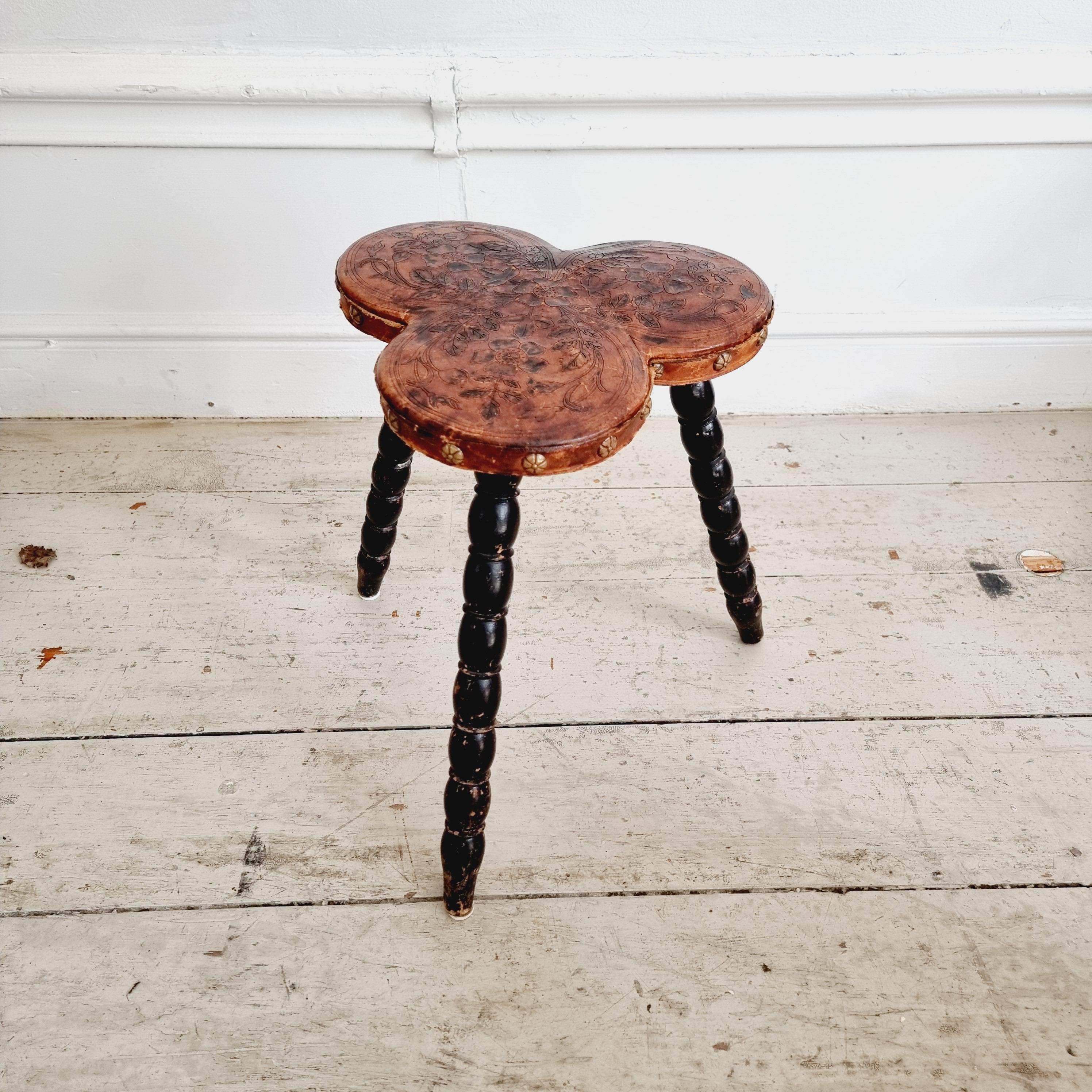 Baroque Revival Stool, embossed leather, by Frohm Båstad, early 1900s For Sale